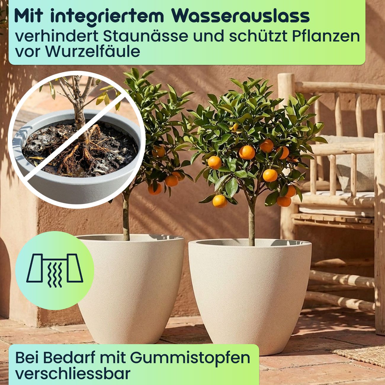 Prosperplast Pflanzkübel Ethick Moderner Pflanzkübel rund Ø58cm Sand 86L Blumentopf frostsicher (2 St., 1er-Set & 2er-Set & 3er-Set), 58,0 x 50,0 cm Kunststoff-Pflanzkübel/UV-Schutz/Wasserauslass