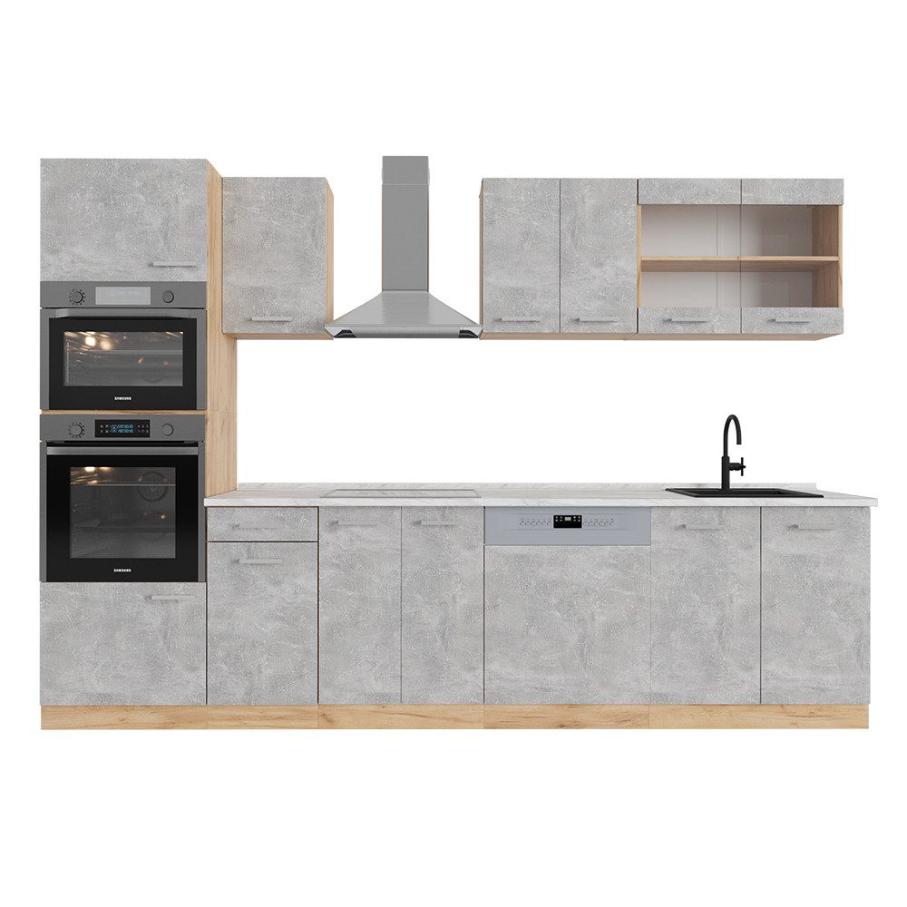 Vicco Küchenzeile R-Line, Beton/Goldkraft Eiche, 300 cm mit Hochschrank, AP Marmor