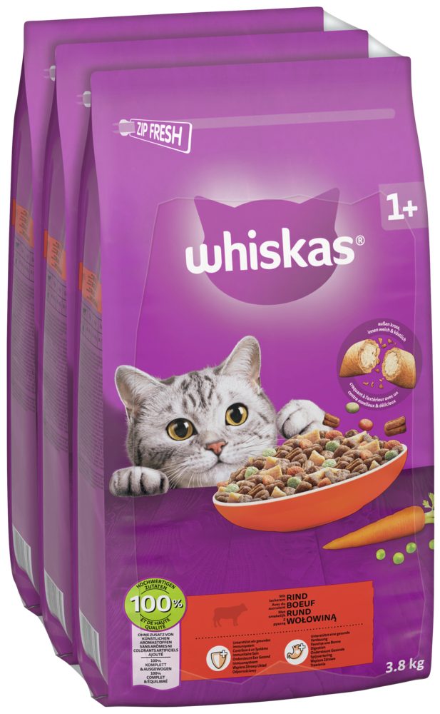 Whiskas WHISKAS® Trocken 1+ Rind 3 x 3,8kg, Trockenfutter für: Katze