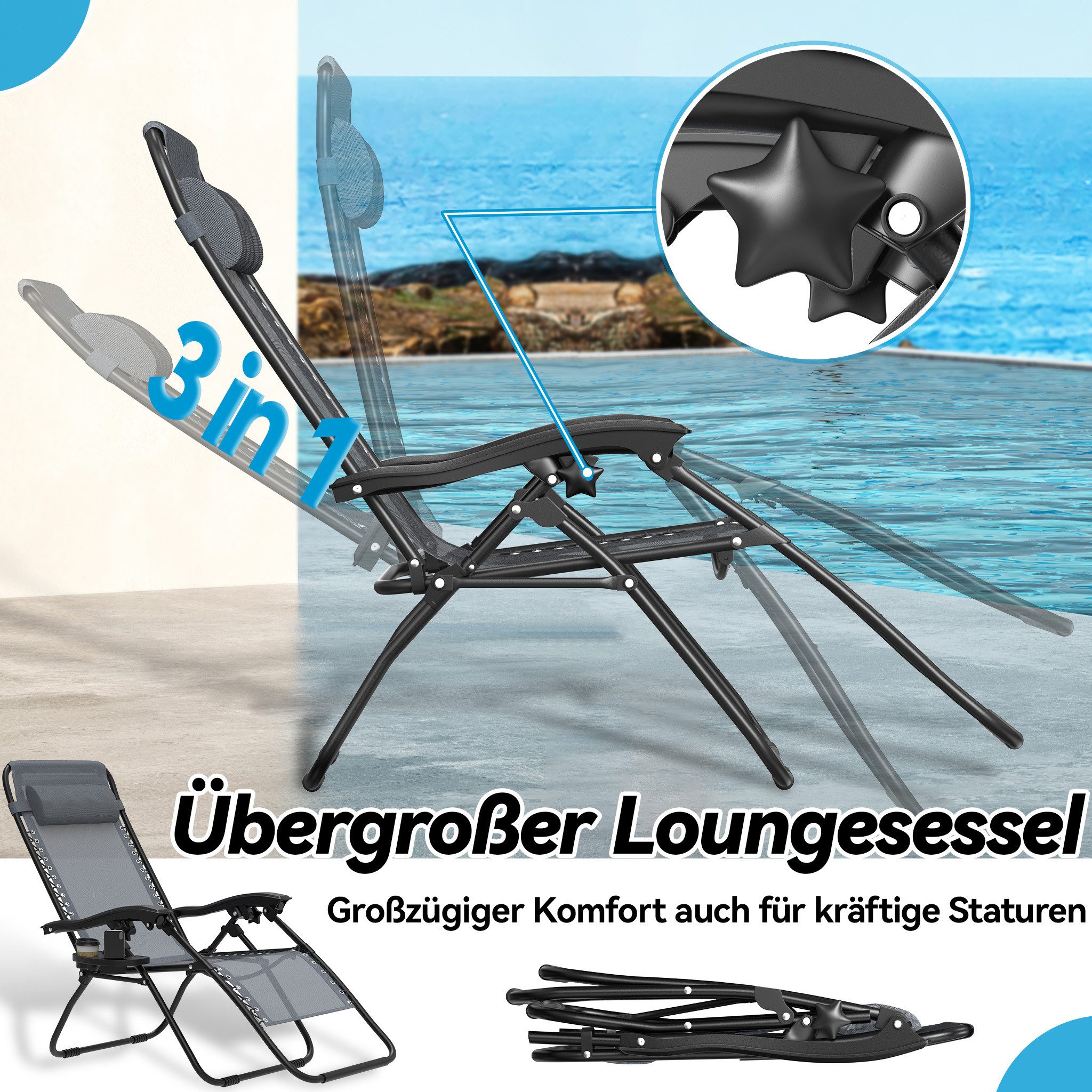 FIVMEN Gartenliege Liegestuhl Garten Sonnenliege Klappbar Leicht Klappliegestuhl, 1 St., Balkon Terrassen Liege Strandliege mit Kopfkissen Getränkehalter
