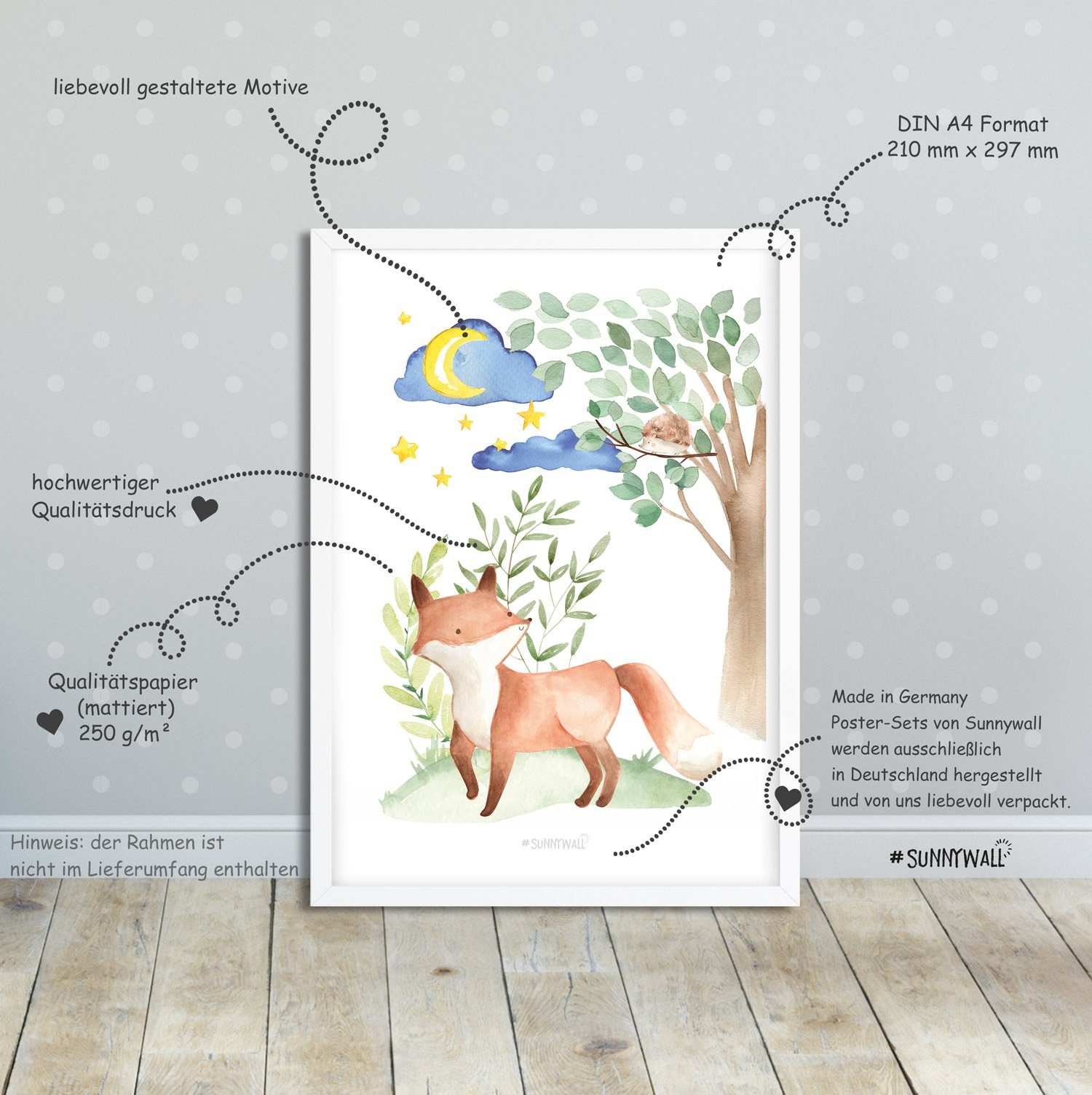 Sunnywall Poster Poster Kinderzimmer Waldtiere Gute Nacht (3er Set), Gute Nacht Waldtiere (Set, 3 St), ungerahmt