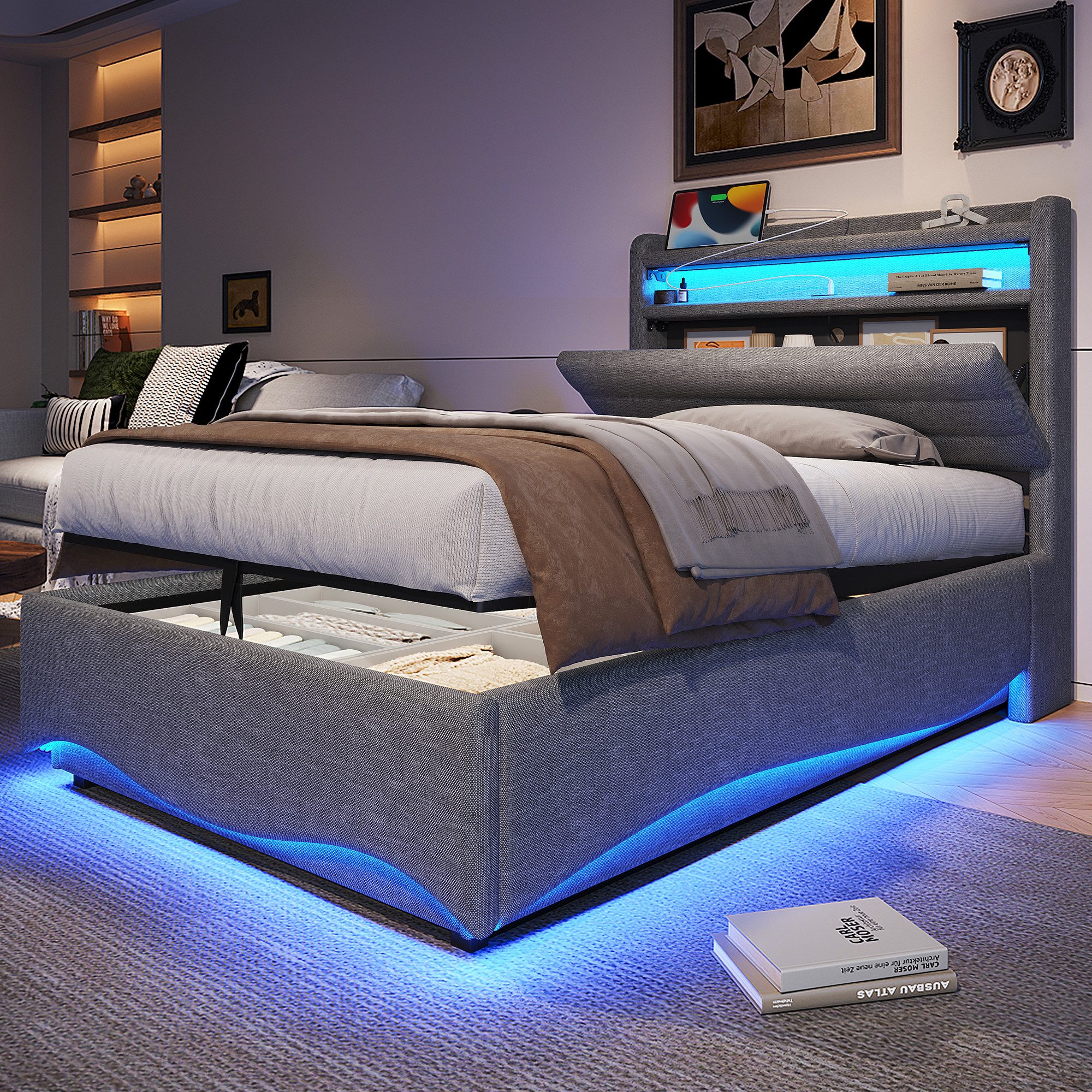Merax Polsterbett mit LED-Beleuchtung und USB&Typ-C Anschlüssen (1-tlg., Kopfteil mit klappbarem Staufach), Jugendbett 90x200cm mit hydraulischem Stauram und Ablagefach, Leinen