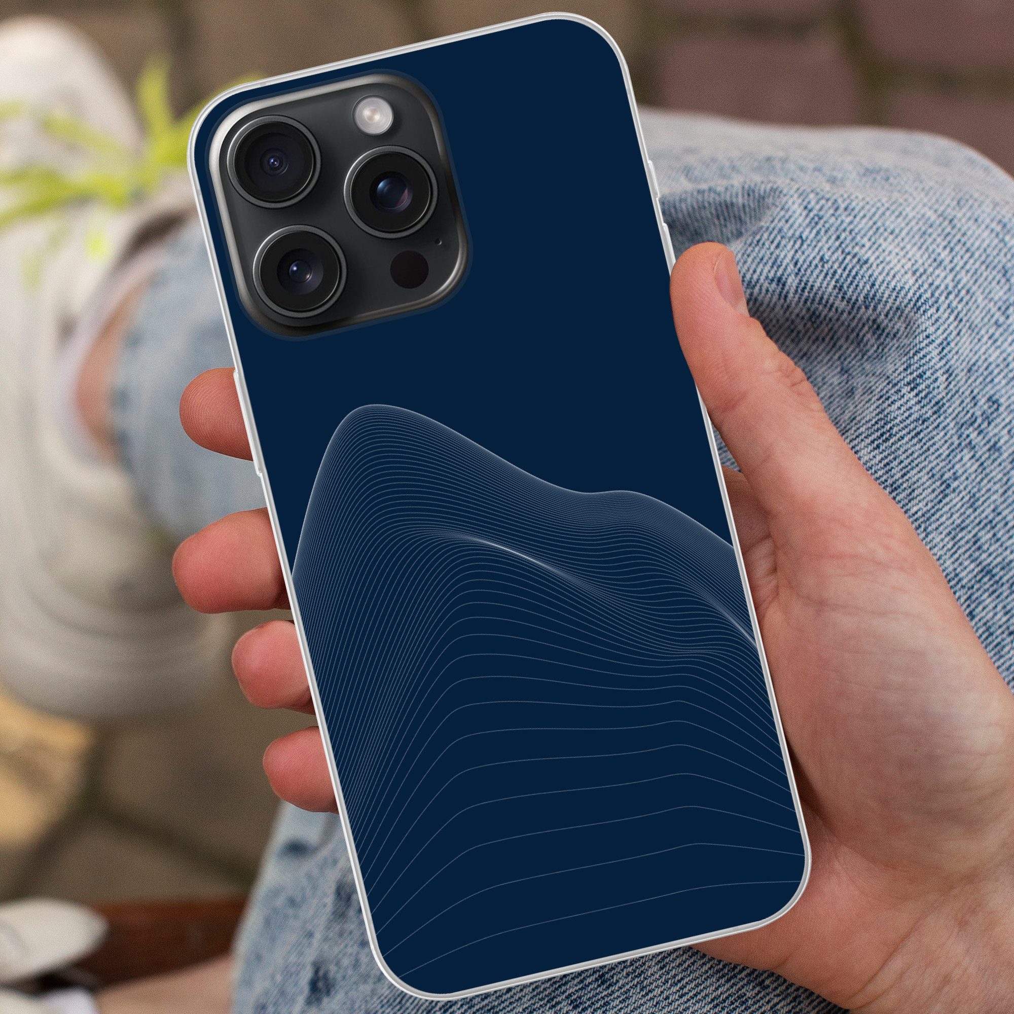 MuchoWow Handyhülle für Apple iPhone 15 Pro Max Linien - Abstrakt - Blau - Weiß, Smartphone-Bumper, Print, Handy Schutzhülle Dünn