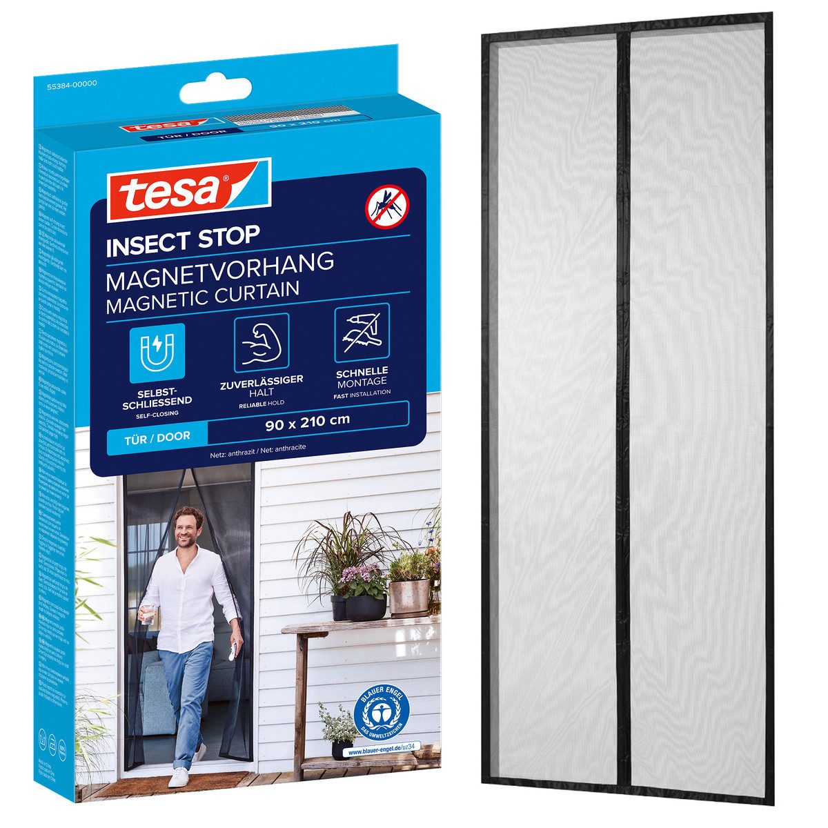 tesa Insektenschutz-Vorhang Insect Stop Magnetvorhang selbstschließend, M - 0,90 m x 2,10 m, (Packung, 1-St., Magnetvorhang, selbstklebendes Klettband), Insektenschutzvorhang mit Magneten - für Balkon- und Terrassentüren