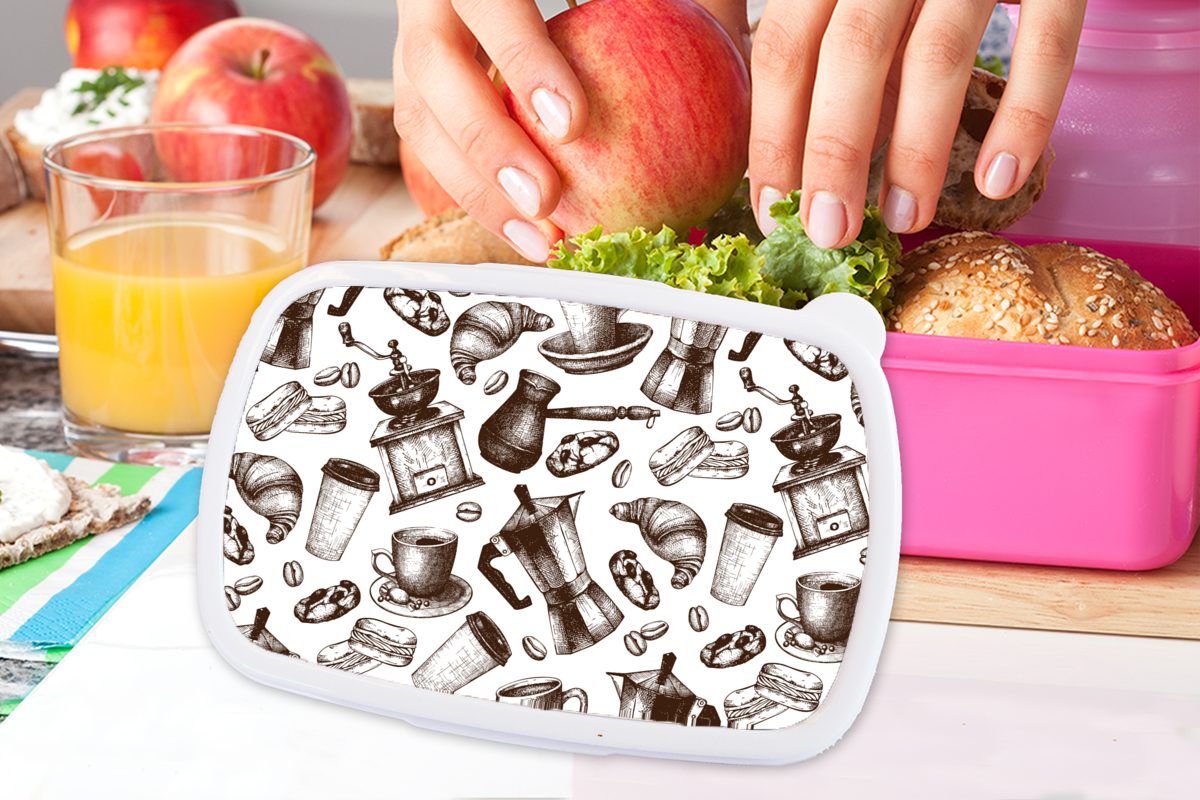 MuchoWow Lunchbox Kaffee - Croissant Snackbox, Mädchen, für Kunststoff Erwachsene, - Brotdose Brotbox Kunststoff, Muster, rosa Kinder, (2-tlg)