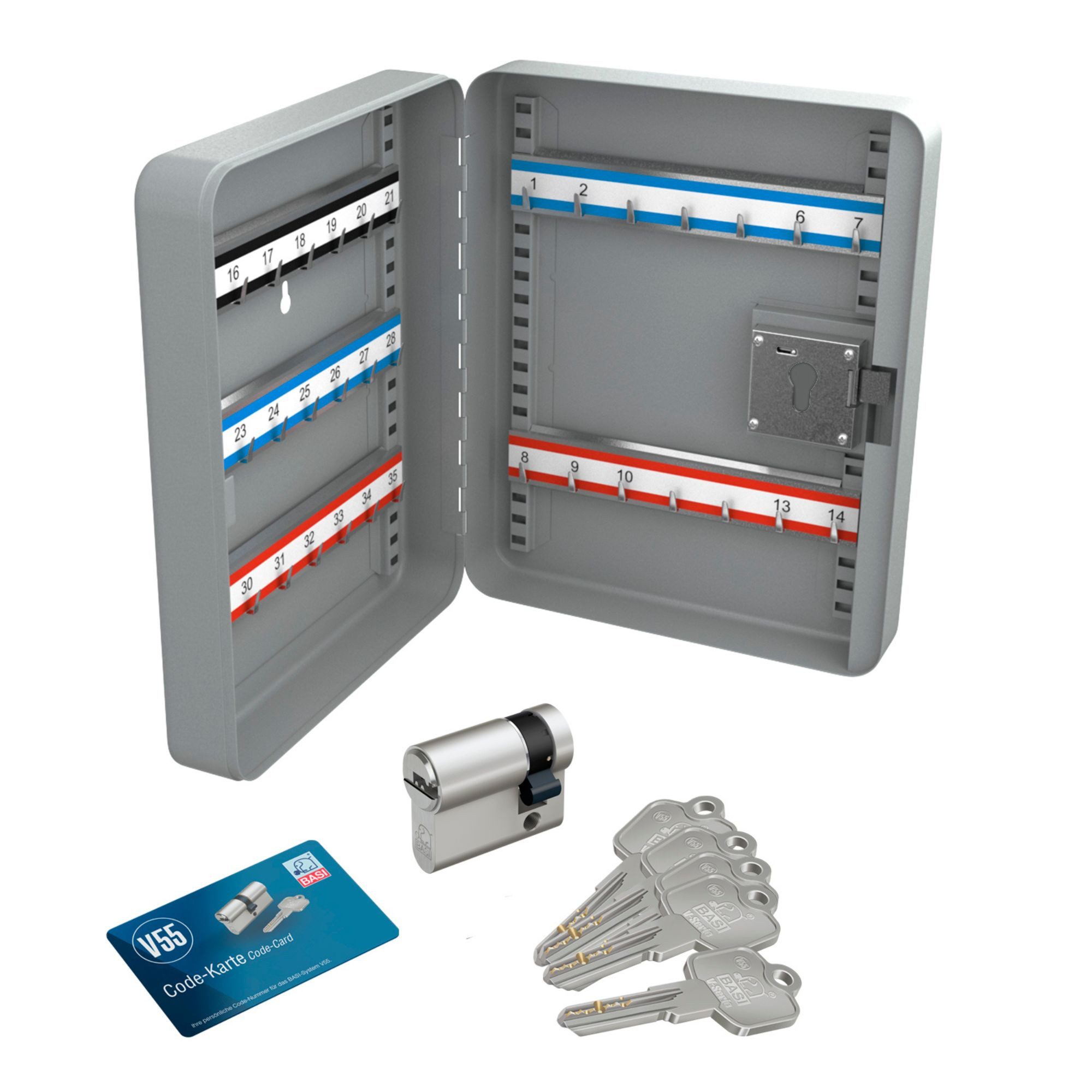 BASI Schlüsselkasten Schlüsselschrank (Spar-Set), mit 35 Haken, PZ-Vorrichtung, H300xB240xT80 mm, SET mit Halbzylinder