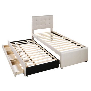 Merax Polsterbett mit Lattenrost und Leinenbezug, ausziehbar mit drei Schubladen, zwei Liegeflächen 90x200/90x190cm