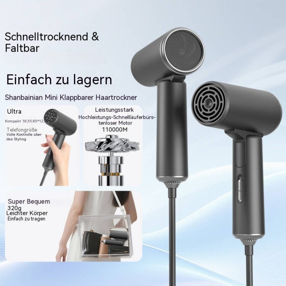 SeeCherish Haartrockner Mini Faltbarer Haartrockner, 1000W, Kompakt, Schnelltrocknend, Bürstenloser Motor, Leichtgewicht