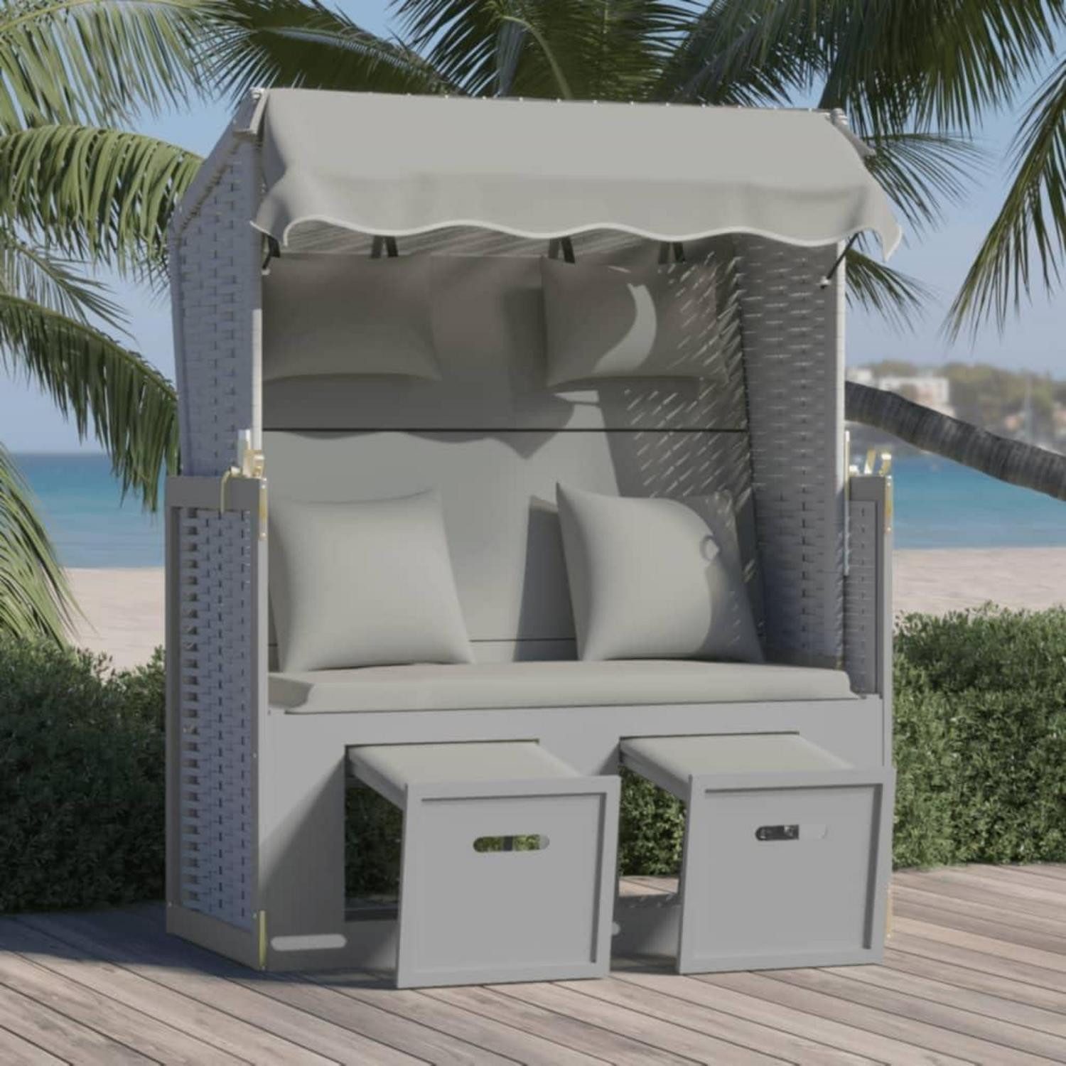 LuxusKollektion Strandkorb Strandkorb Poly Rattan Massivholz Grau