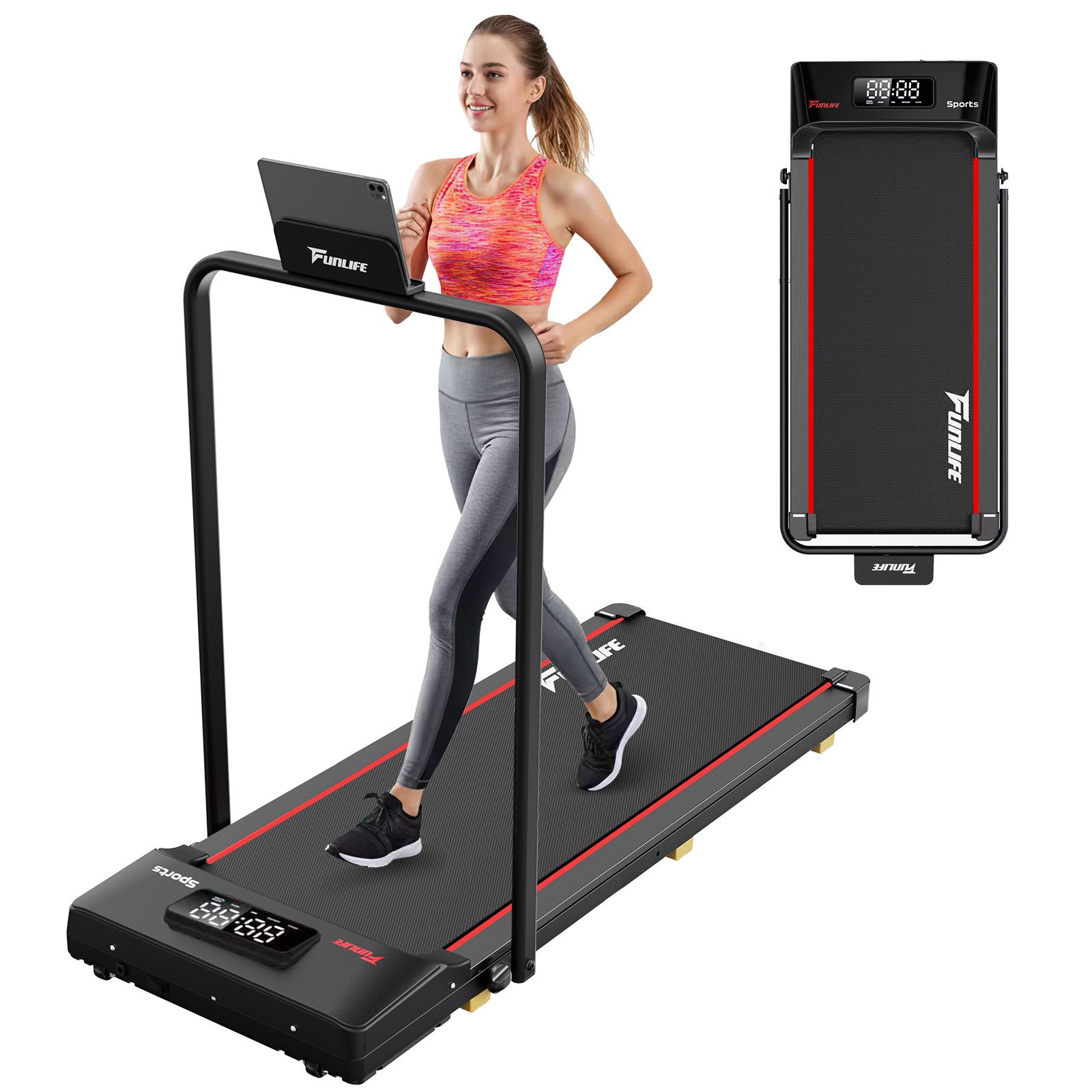 FunLife Laufband 3-in-1 Walking Pad mit Haltegriff (Einzelgerät, Homeoffice Walking Pad), 1–8 km/h, klappbar, Homeoffice geeignet