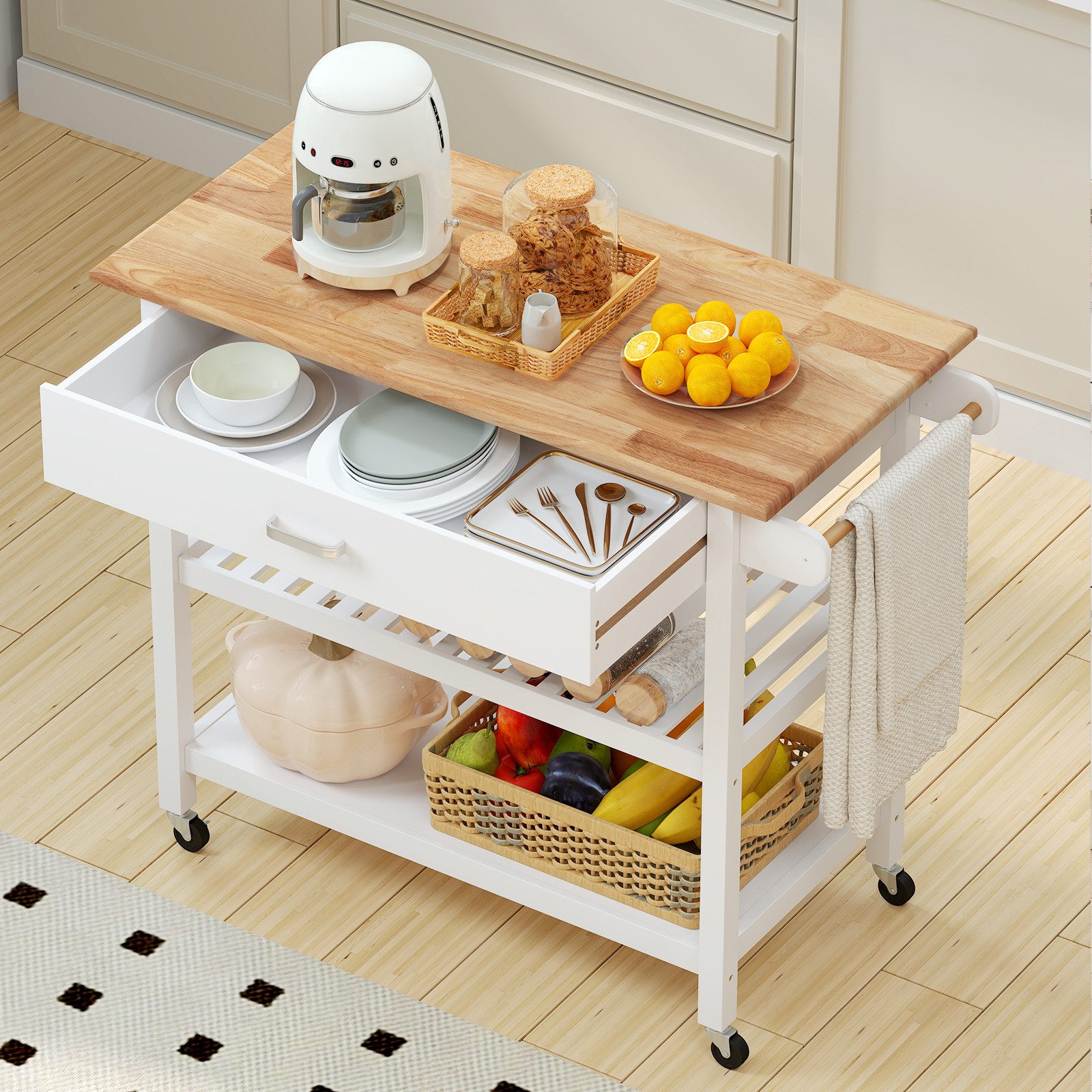 COSTWAY Küchenwagen, Mit Schublade, Rollen und Arbeitsplatte, Holz, weiß