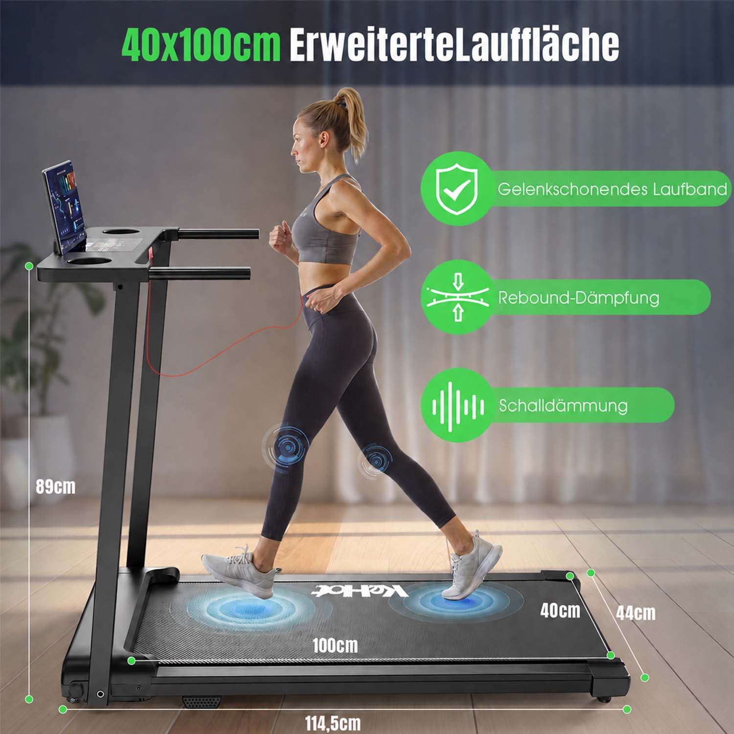 kehot Laufband Klappbares Laufband für Zuhause – 1–12 km/h & 2,5 PS Motor (Leises Homegym Laufband mit Stoßdämpfung bis 136 kg, Bluetooth App & 12 Trainingsprogramme für Cardio Training), Platzsparendes Laufband für Walking & Jogging Zuhause