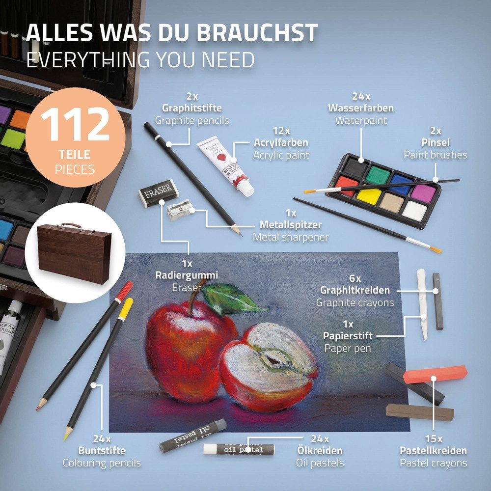ECD Germany Kreativset Kunst- und Zeichenset Malkoffer für Kinder und Erwachsene, (112-tlg), 112 Teilig Buntstifte Öl- und Acrylfarben Malkreiden Wasserfarben