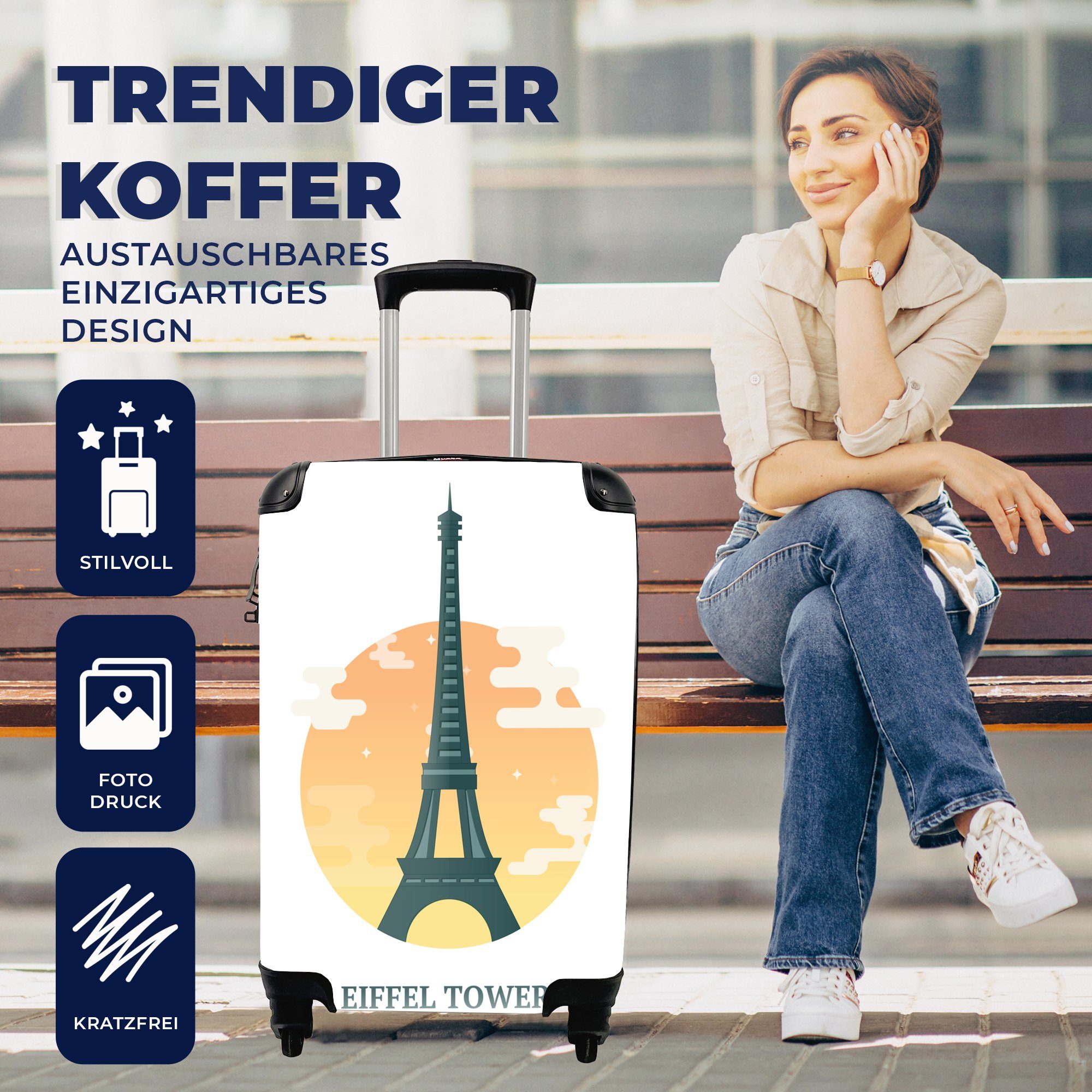 MuchoWow Handgepäckkoffer Eine Illustration des Trolley, Handgepäck Reisetasche Reisekoffer Sonne mit mit 4 Eiffelturms Rollen, rollen, Ferien, für als Hintergrund, einer