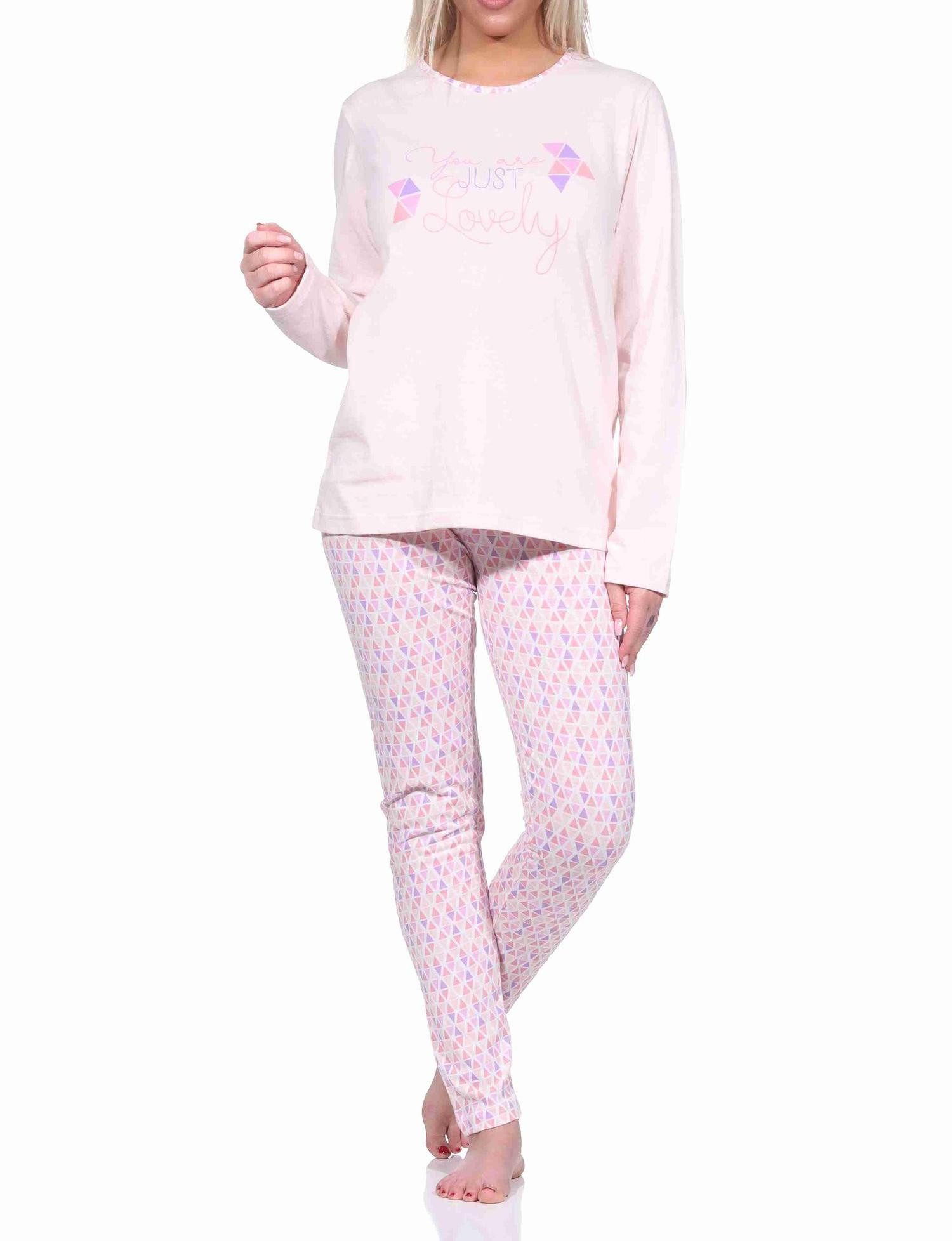 RELAX by Normann Pyjama Damen langarm Schlafanzug mit allover Druck und Frontprint