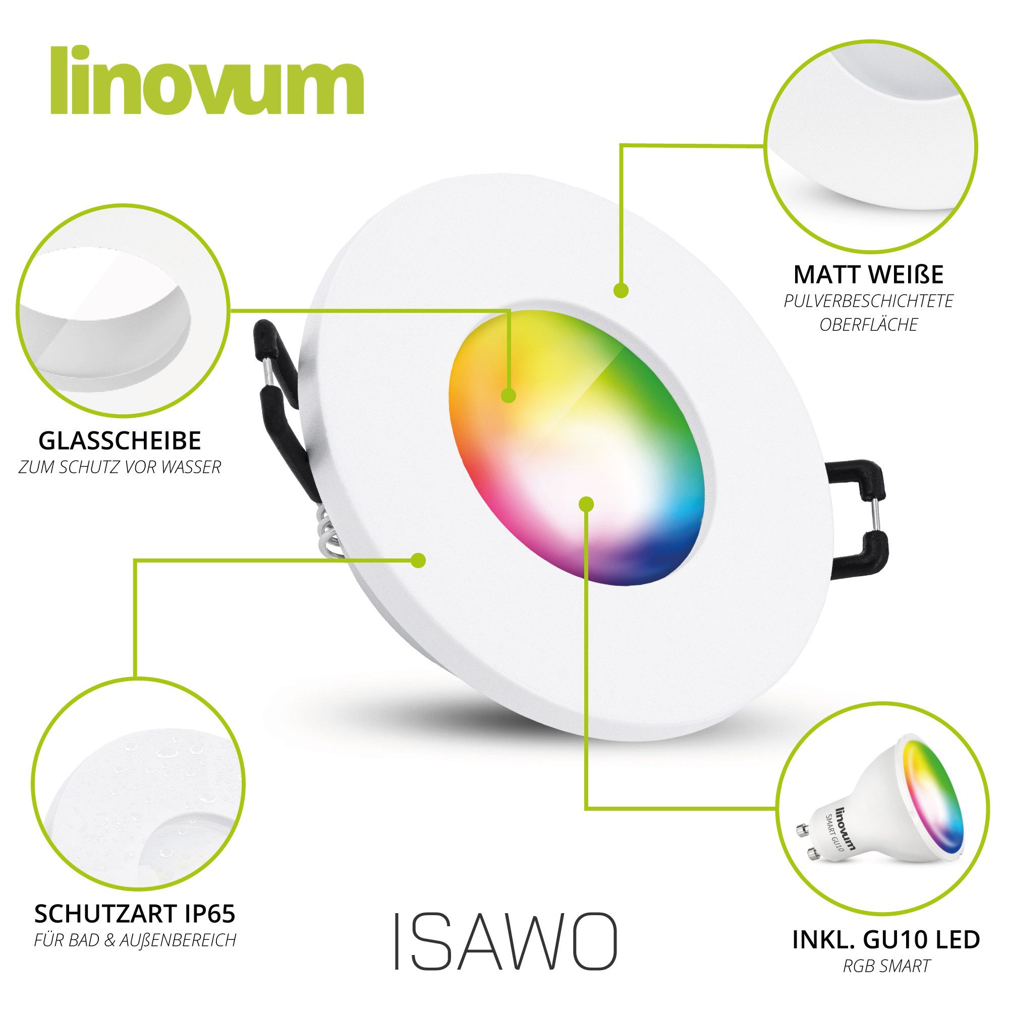 linovum LED Außen-Deckenleuchte ISAWO Einbau Deckenstrahler IP65 weiß mit SMART LED GU10 4W WLAN Spot, Smart