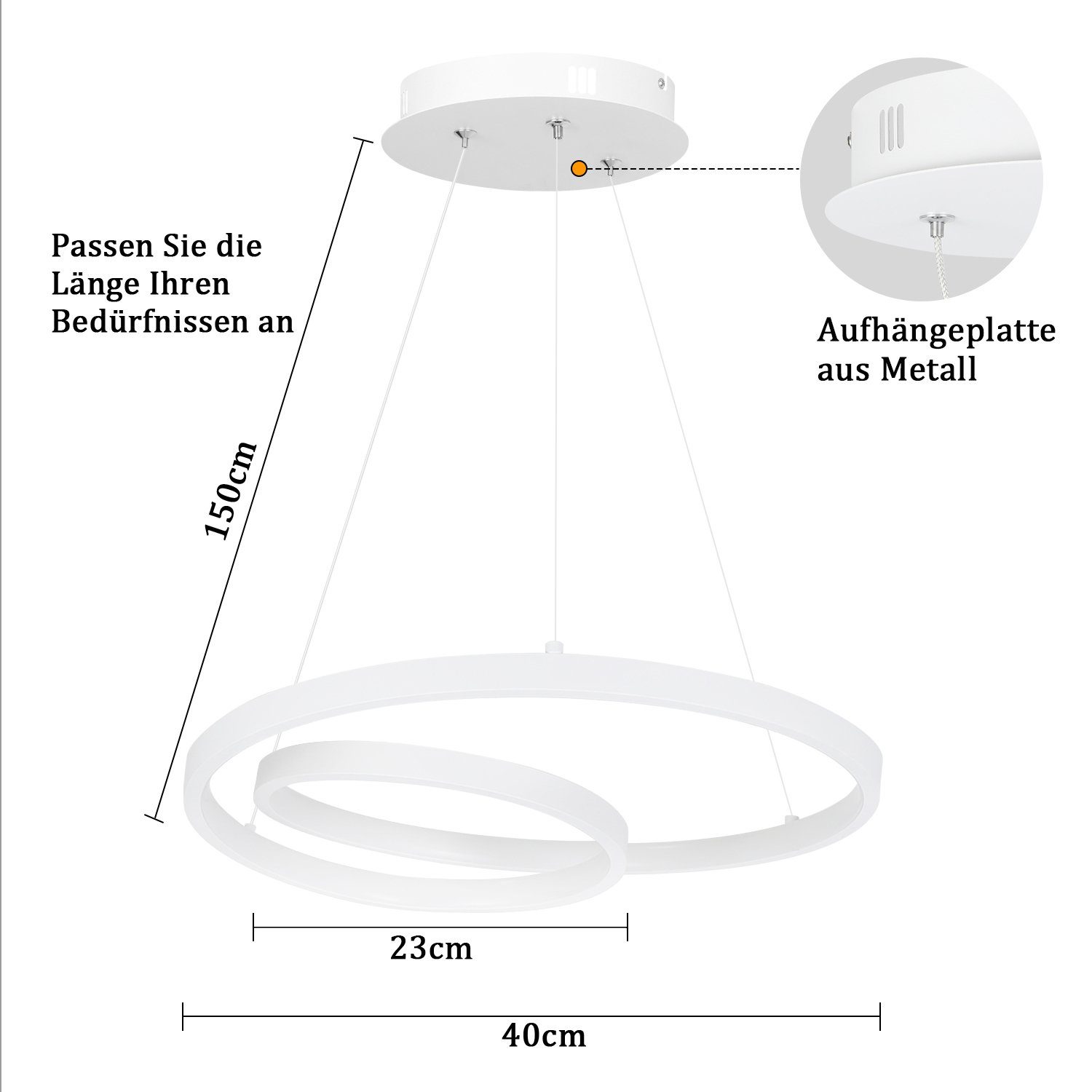 ZMH Pendelleuchte 40CM Design Modern für Wohnzimmer Schlafzimmer Küche Esszimmer, dimmbar, LED fest integriert, LED × höhenverstellbar – Bild 4 von 5