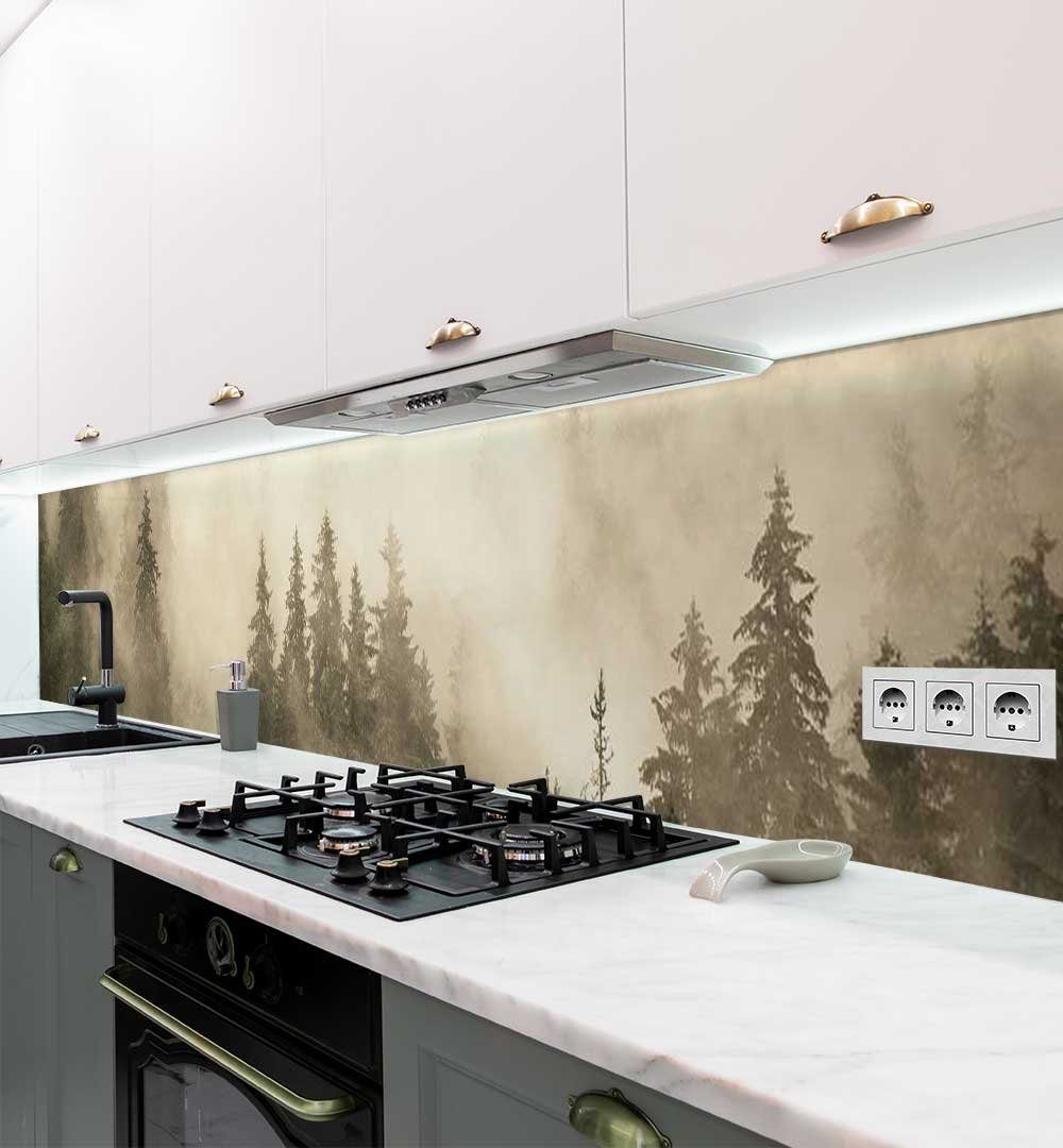 MyMaxxi Küchenrückwand Küchenrückwand selbstklebend Nebelverhüllter Wald Spritzschutz Folie, (Klebefolie passend geschnitten und gerollt B 120 cm x H 60 cm), Nebelwald beige B 120 cm x H 60 cm