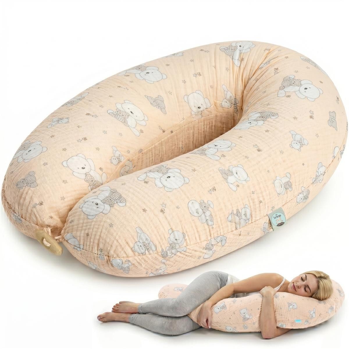 SEI Design Stillkissen Kapok-Füllung XXL 190x35 cm, Musselinbezug Bio-Baumwolle, ergonomisch, Schwangerschaftskissen mit Bezug, Seitenschläferkissen mit Kapok-Füllung, 100% Naturkissen, Musselin-Bezug aus Bio-Baumwolle