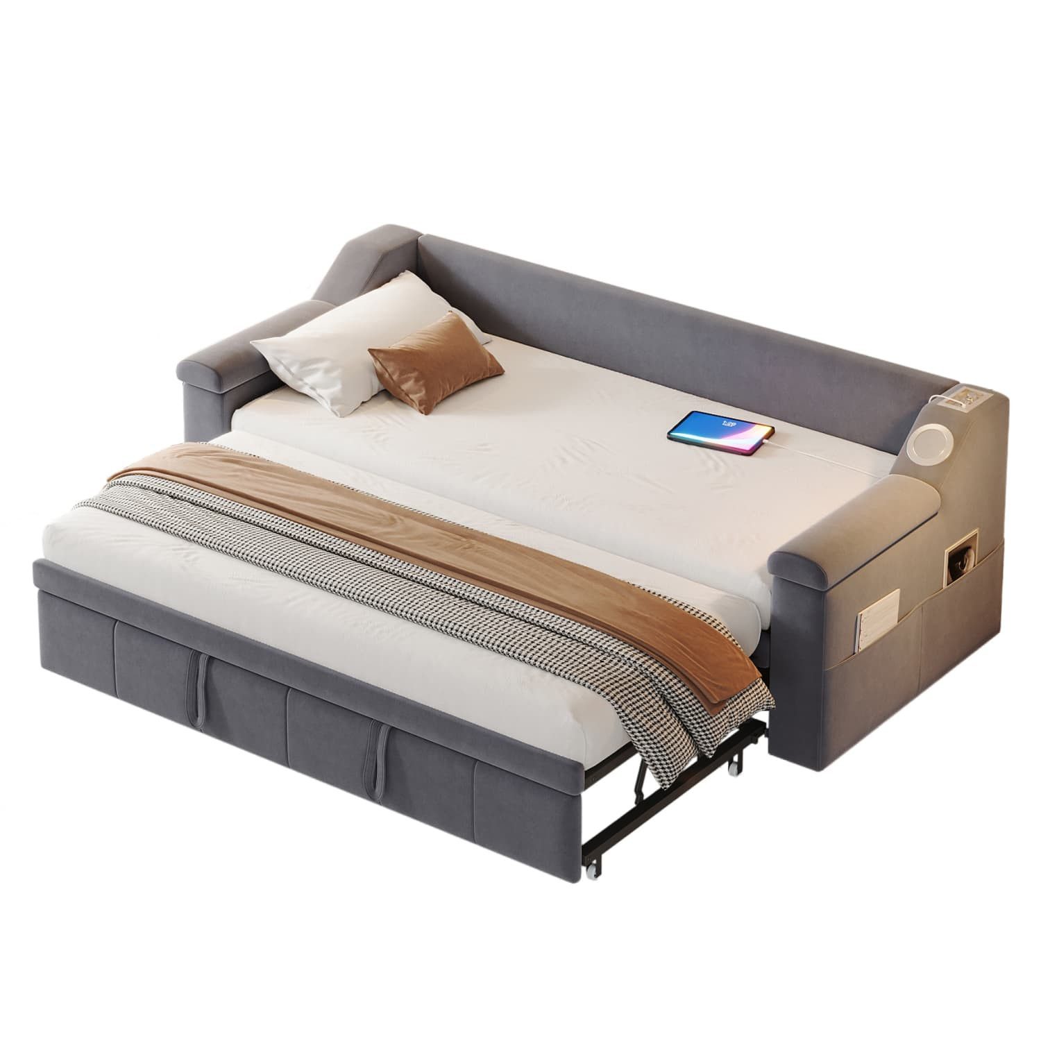 autolock Daybett Polsterbett Schlafsofa,Armlehnen Breiter und Dicker,Mit USB-Laden, Mit Smart Bluetooth-Stereoanlage,Ablagefächern und Lattenrost