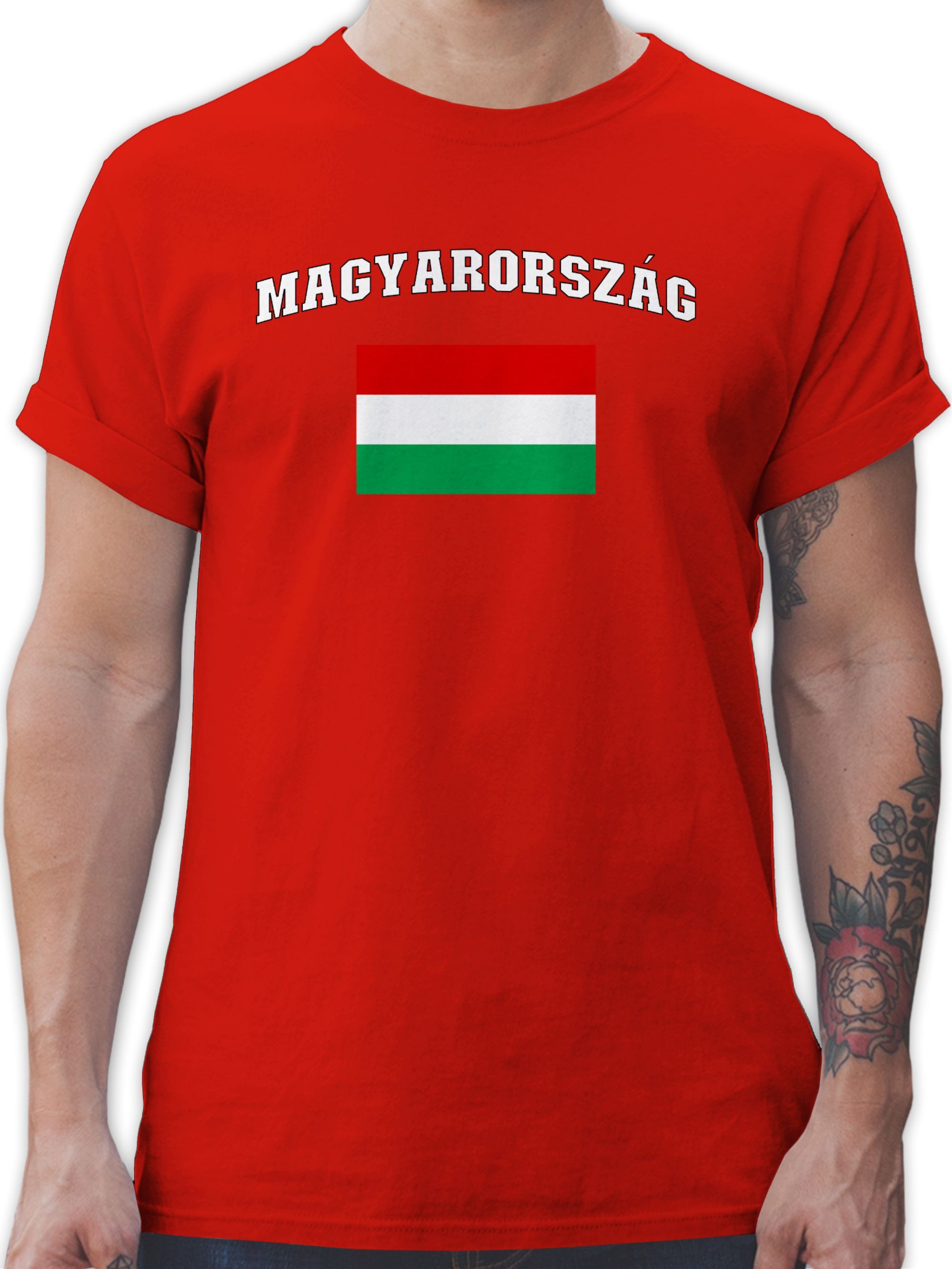 T-Shirt Ungarn Schriftzug mit Flagge, Magyarország, Hungary