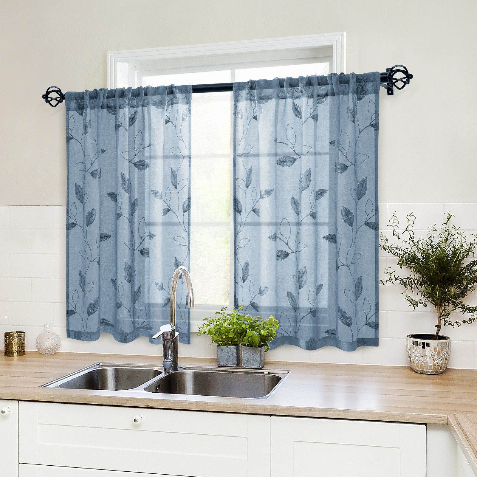 BYSURE Gardine Voile Scheibengardinen modern Wohnzimmer Bistrogardine für Küche, Bad (2 St), Stangendurchzug, transparent, Küchenvorhänge, besticktes Blattmuster, Vorhänge für kleine Fenster