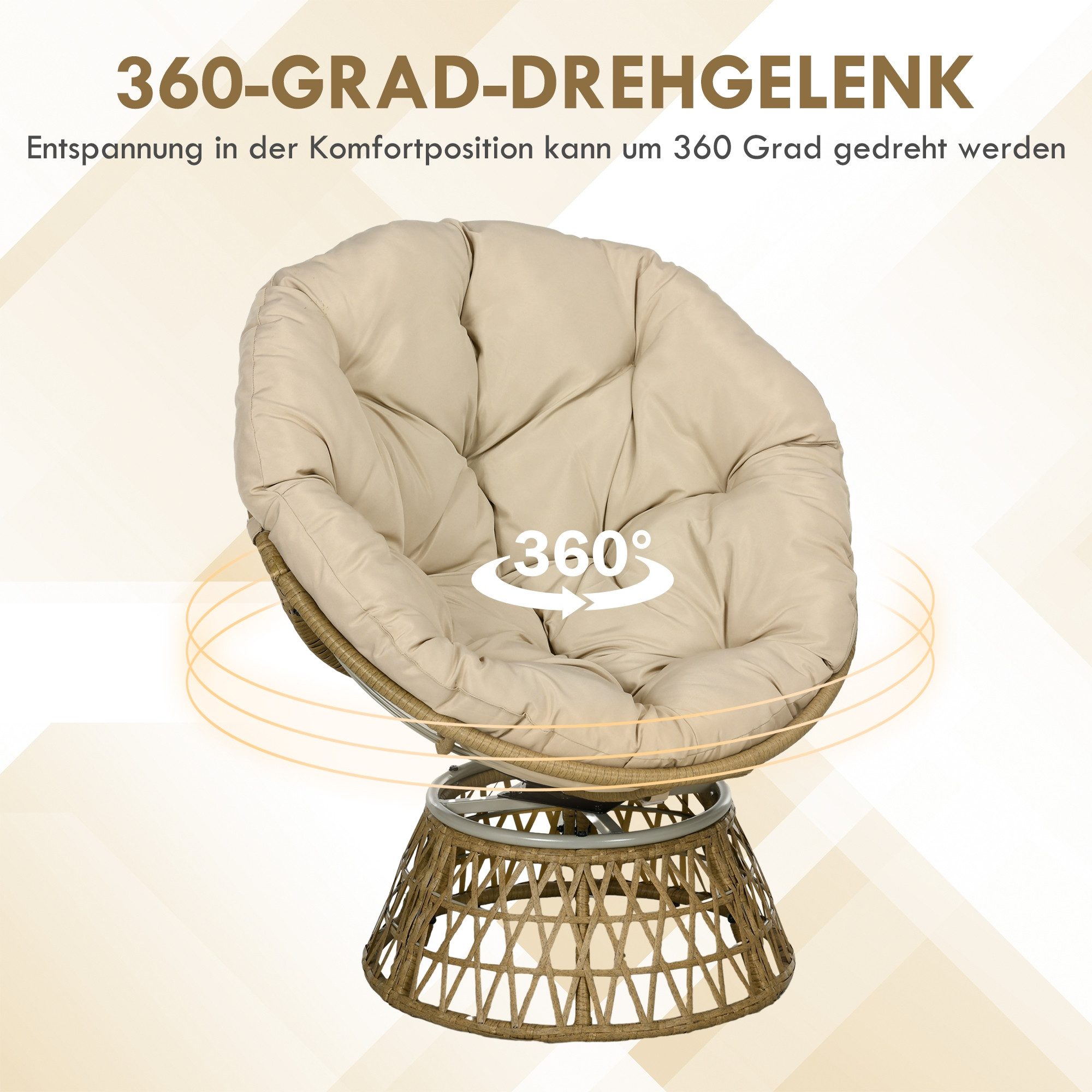 MC Star Gartensessel Korbsessel Rattansessel Outdoor-Sessel, Boho-Stil (wetterbeständig, 85 cm x 70 cm x 82 cm, Creme + Natur)
