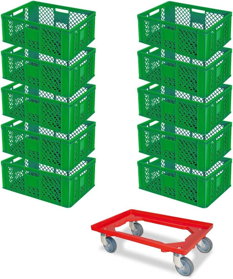 BRB-Lagertechnik Stapelbox 10x Eurobehälter/Bäckerkiste, LxBxH 600x400x240 mm + Transportroller, Stoßfest, robust und formstabil