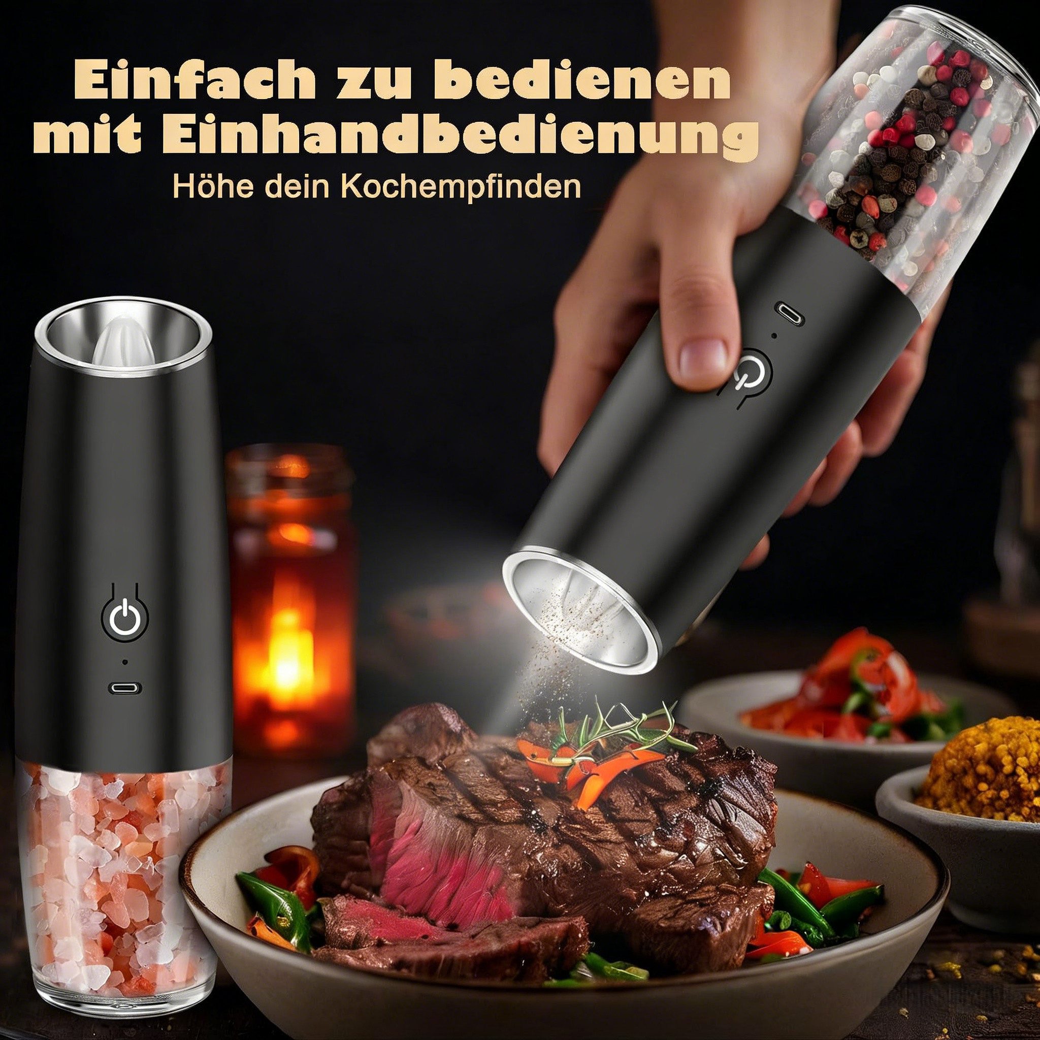 AIBISTAR Salz-/Pfeffermühle Elektrische Salz und Pfeffermühle 2er Set, USB Gewürzmühle Einstellbar Batterie, Einhandbedienung durch Schwerkraft, hochwertiger Ke – Bild 5 von 5