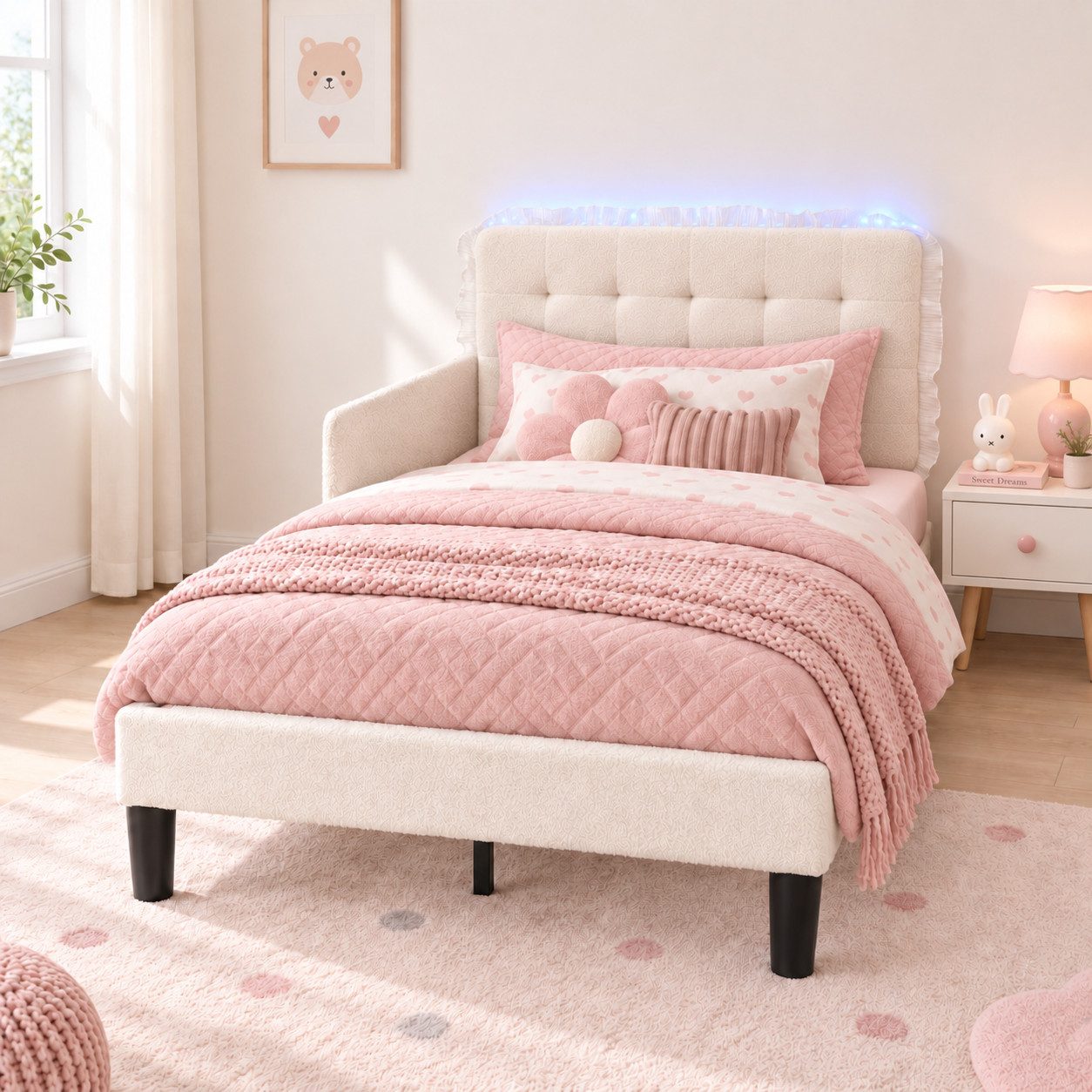 Patbrela Kinderbett Mädchenbett 90 × 200 cm mit Rausfallschutz, Teddyfleece-Bezug, LED-Licht, Lattenrost & höhenverstellbarem Wand-Kopfteil, Cremeweiß