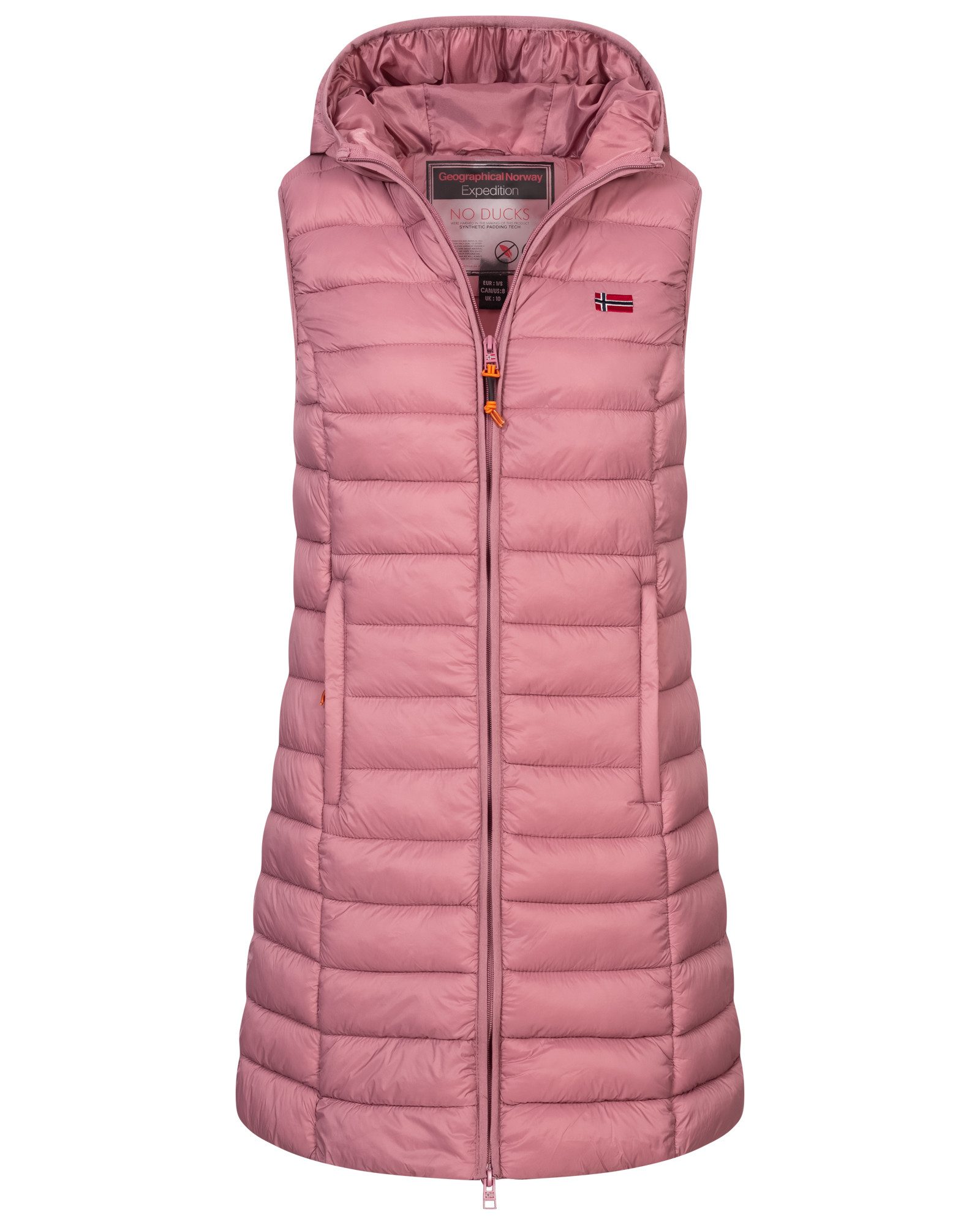 Geographical Norway Steppweste Damen Stepp weste Kapuze Übergangs Herbst Frühling Windbreaker Lang