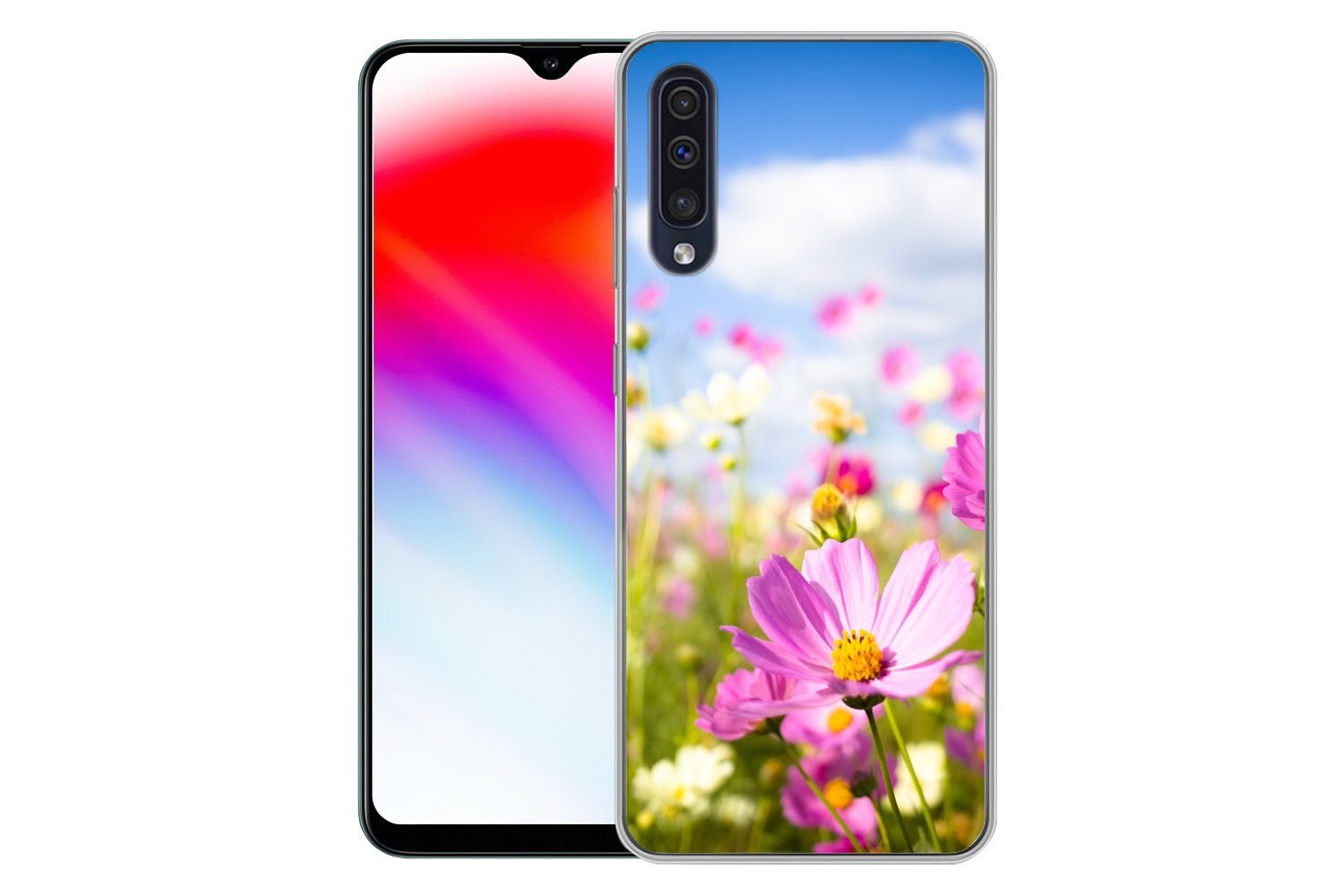 MuchoWow Handyhülle für Samsung Galaxy A50 Blumen - Wiese - Lila - Gras - Weiß - Wolken -, Smartphone-Bumper, Print, Handy Schutzhülle Dünn