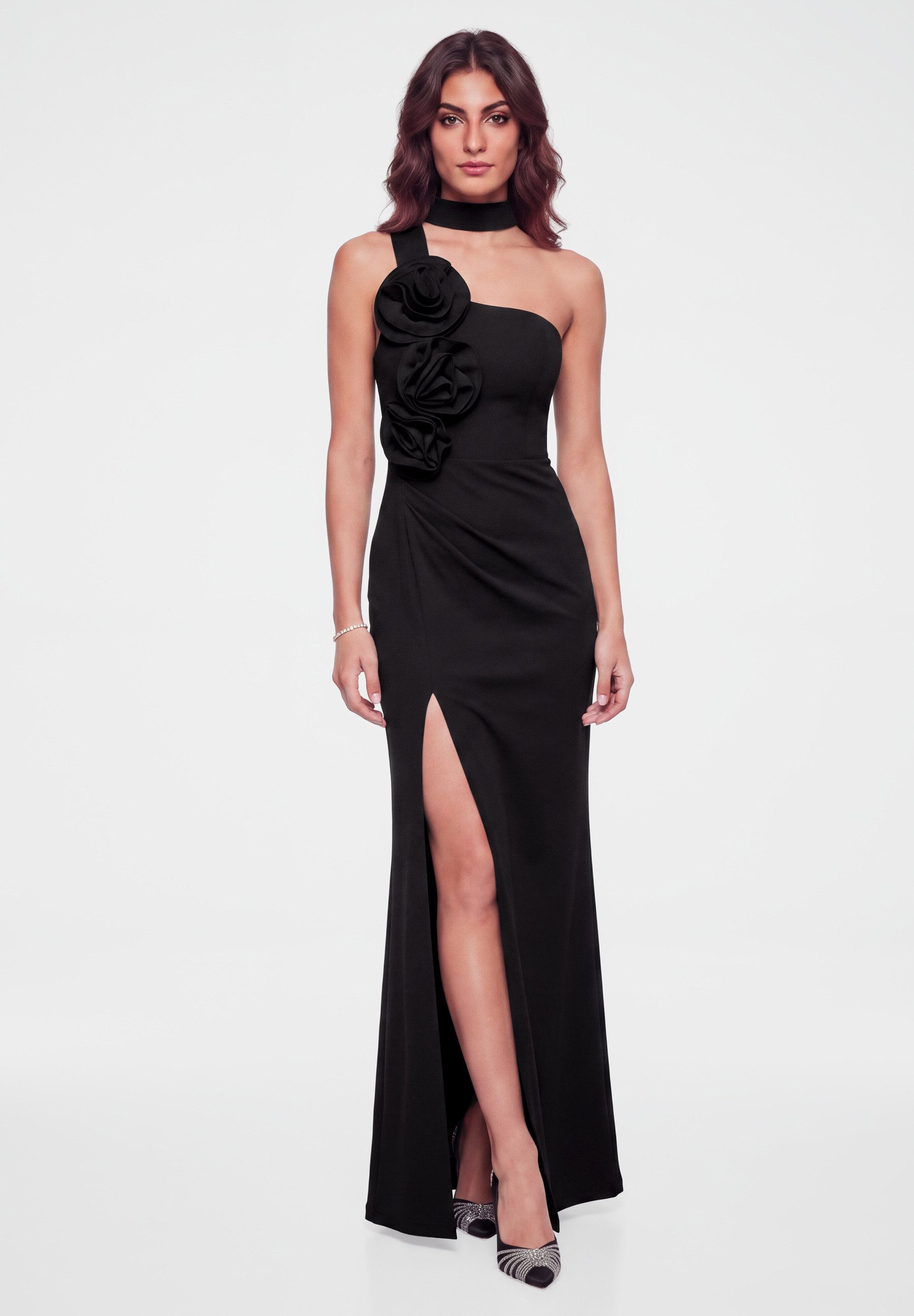 OMBRE Abendkleid Damen Abendkleid mit asymmetrischem Dekolleté elegant Schwarz XL (kein Set, 1-tlg) mit Alloverdruck