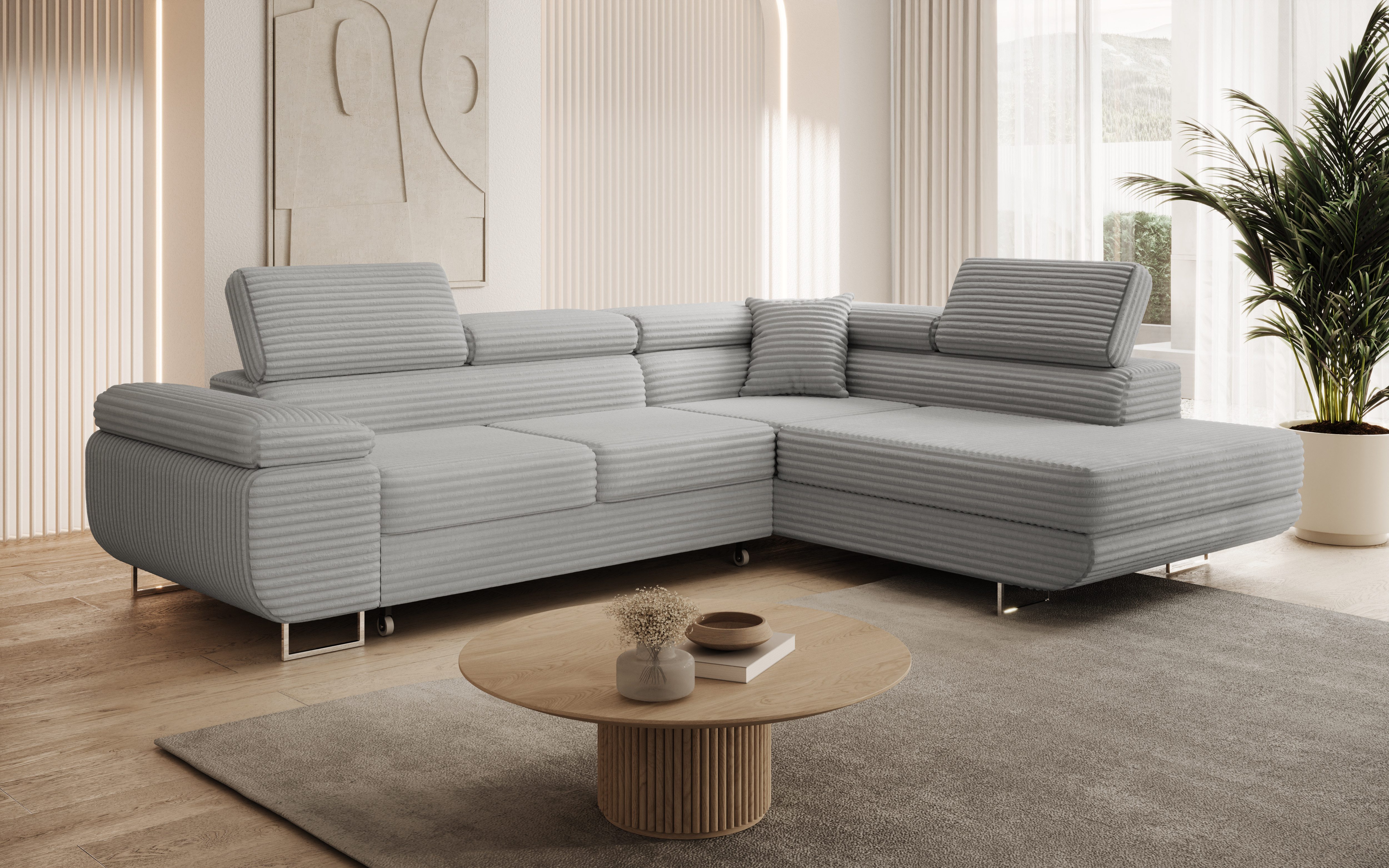 thematys Ecksofa ASTON mit Schlaffunktion & Bettkasten – Cordstoff TILIA, - mit 3 verstellbaren Kopfstützen, – L-Form 273×203 cm – Schlafsofa mit Auszug