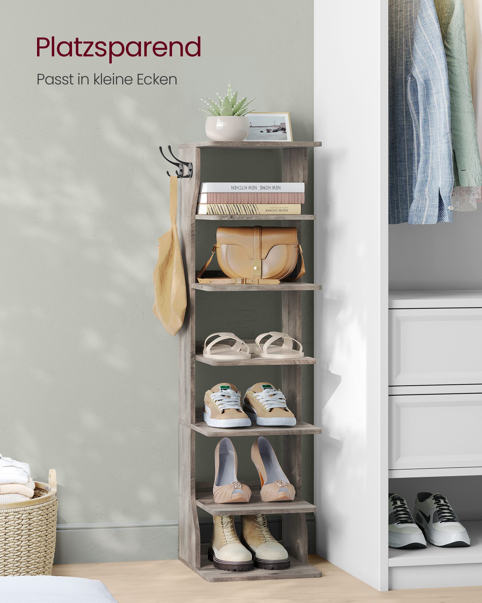 VASAGLE Schuhregal Standregal, platzsparend, für Eingangsbereich, Ecke, Schuhablage, schmal, mit 7 Ebenen, 30 x 26,4 x 110,4 cm