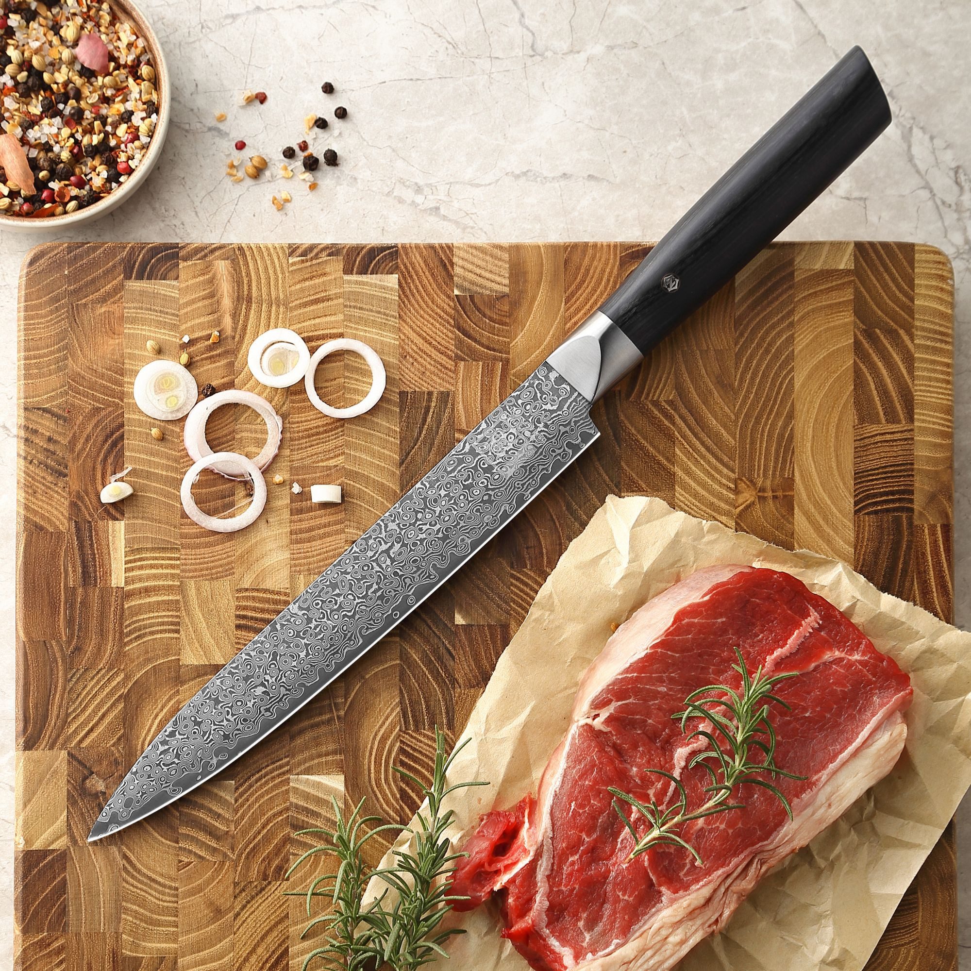 ZAYIKO Fleischmesser Black Edition dunkler Damast Tranchier Küchenmesser 2,5 cm Klinge, schwarzer Damaststahl, VG10-Kern