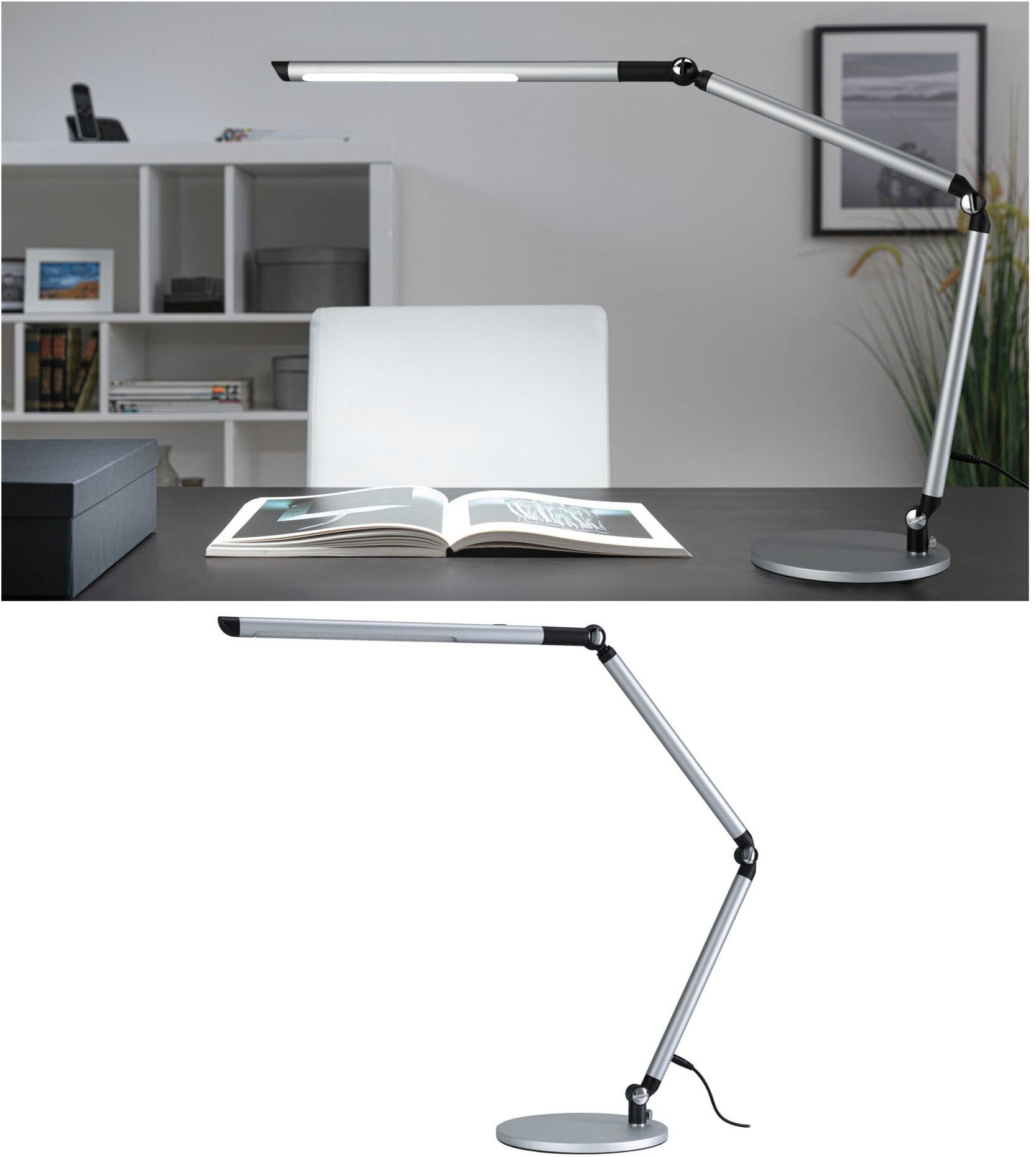 Paulmann LED Schreibtischlampe LED Schreibtischleuchte 3-Step-Dim FlexBar White Switch Silber matt, LED fest integriert, Tageslichtweiß, mehrere Helligkeitsstufen, Farbwechsler, Farbsteuerung, Dimmer