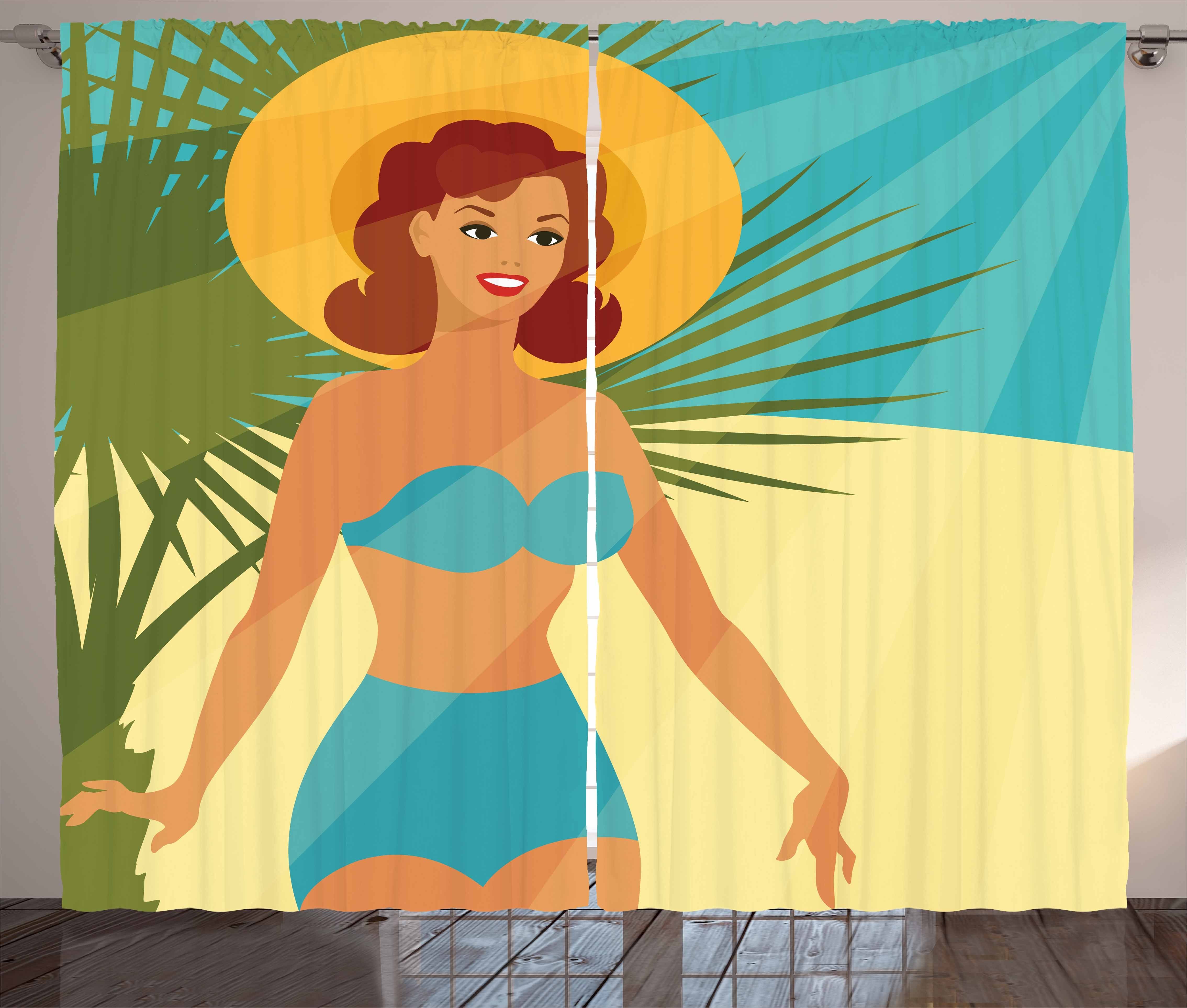 Schlafzimmer und Haken, Schlaufen Kräuselband Stil Abakuhaus, Vorhang Jahre der mit Gardine Girl Pin up 1950er Bikini