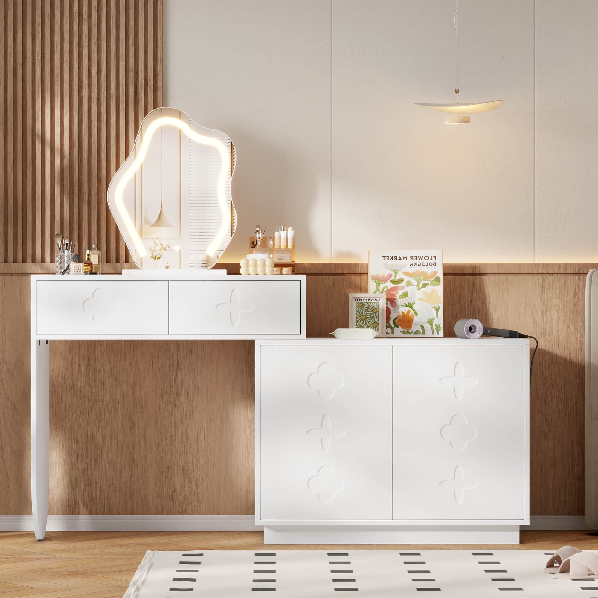 ANYSUN Schminktisch mit LED, 3-stufig verstellbarer Seitenschrank, 2 Schubladen, Weiß (Schminktisch mit LED-Spiegel und flexiblem Seitenschrank, Einzelschminktisch mit LED-Spiegel und Seitenschrank), LED Kosmetiktisch mit Spiegel & Schrank, 160x40x132 cm viel Stauraum