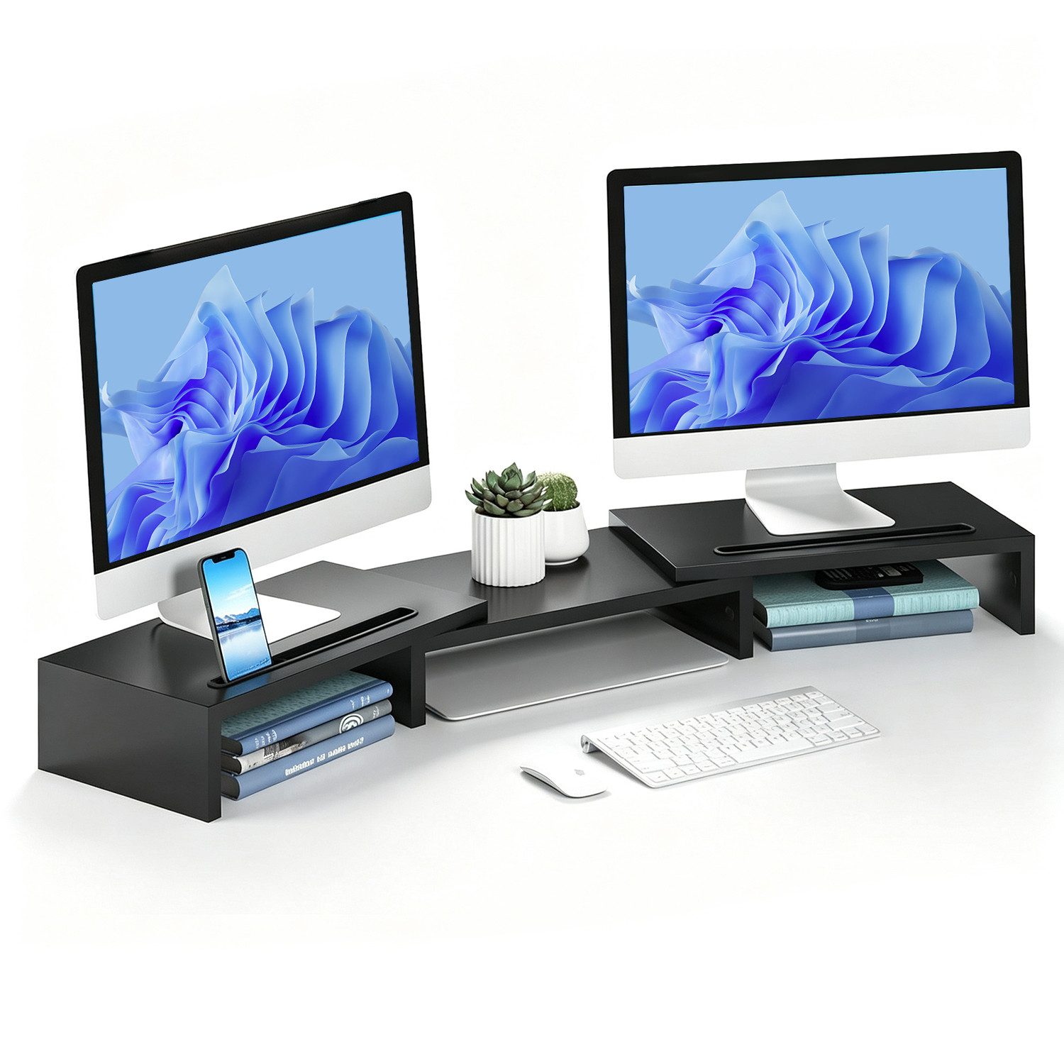 OSTWOLKE Monitorständer verstellbar Monitorerhöhung Schreibtischaufsatz mit Einschubfach, (Verstellbare Länge und Schwenkwinkel Dual Monitor Stand für 2 Monitore)