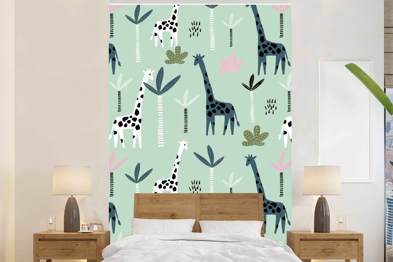 MuchoWow Fototapete Giraffe - Baum - Grün, Matt, bedruckt, (3 St), Montagefertig Vinyl Tapete für Wohnzimmer, Wandtapete