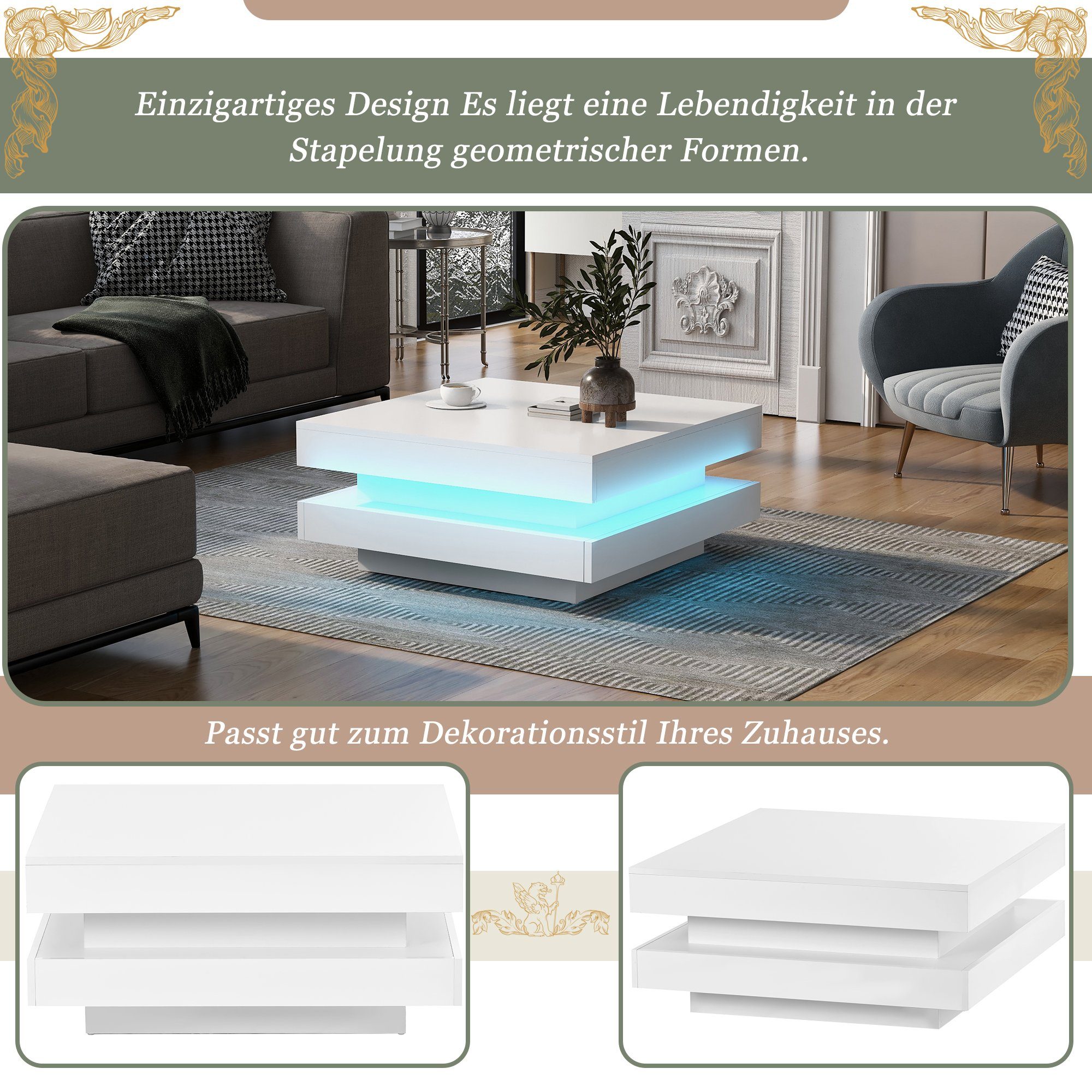 Merax Couchtisch mit LED-Beleuchtung inkl. Fernbedienung, Beistelltisch weiß, Kaffetisch