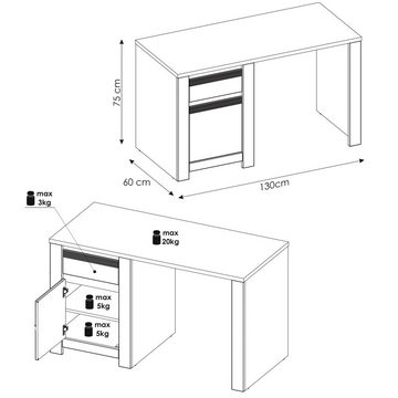 Lomadox Schreibtisch NAVA-129, Bürotisch, weiß, 130x75x60 cm, Schubkasten, Tür