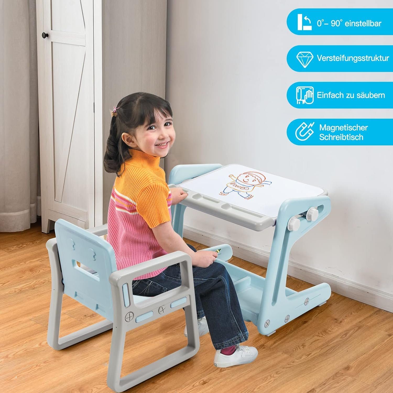 Stuhl blau (2-St), KOMFOTTEU verstellbarer mit Zeichentisch mit Stauraum, Kinderschreibtisch