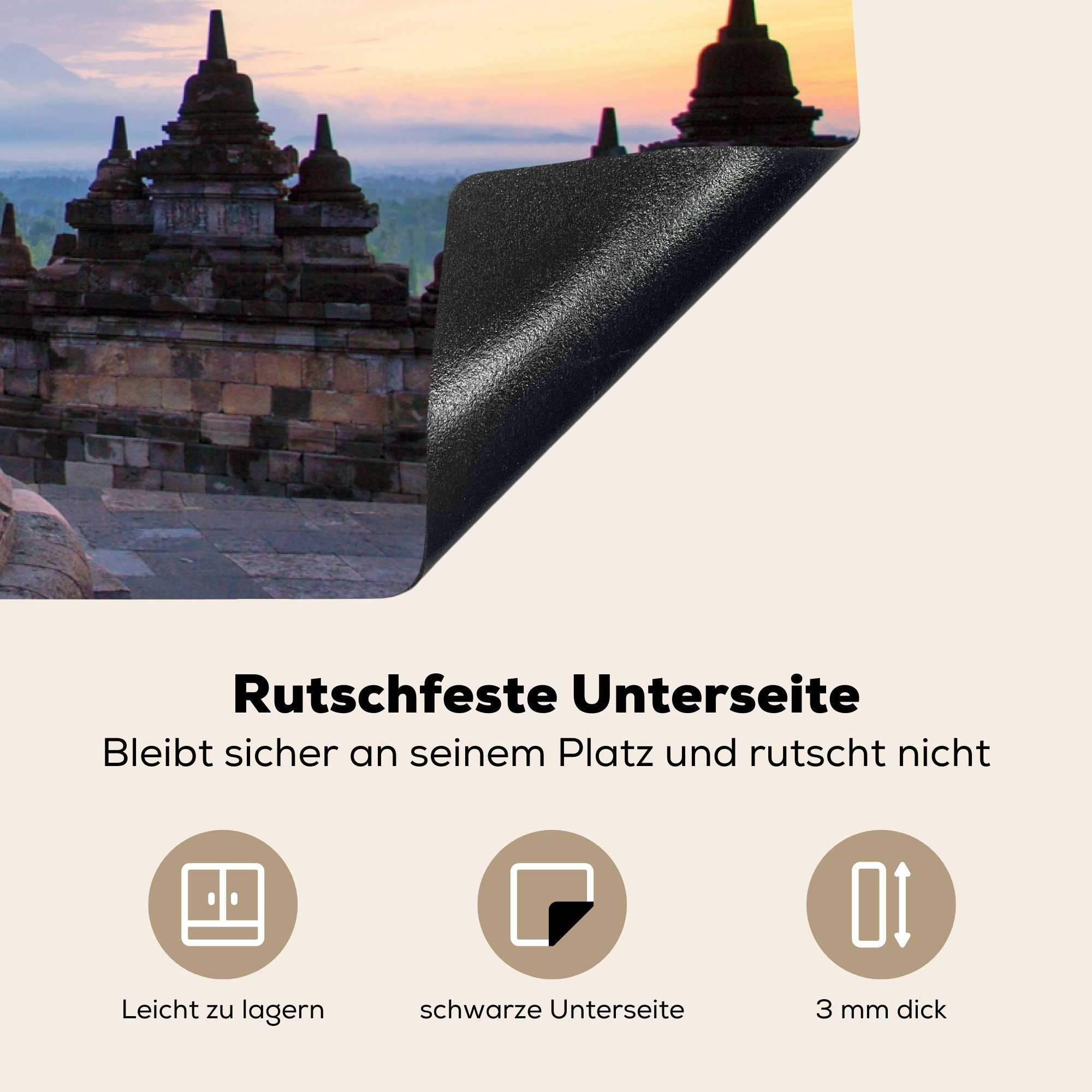 Morgenhimmel Vinyl, (1 küche, Borobudur, Herdblende-/Abdeckplatte Induktionskochfeld cm, für Schutz Ceranfeldabdeckung die tlg), Lila MuchoWow über 81x52