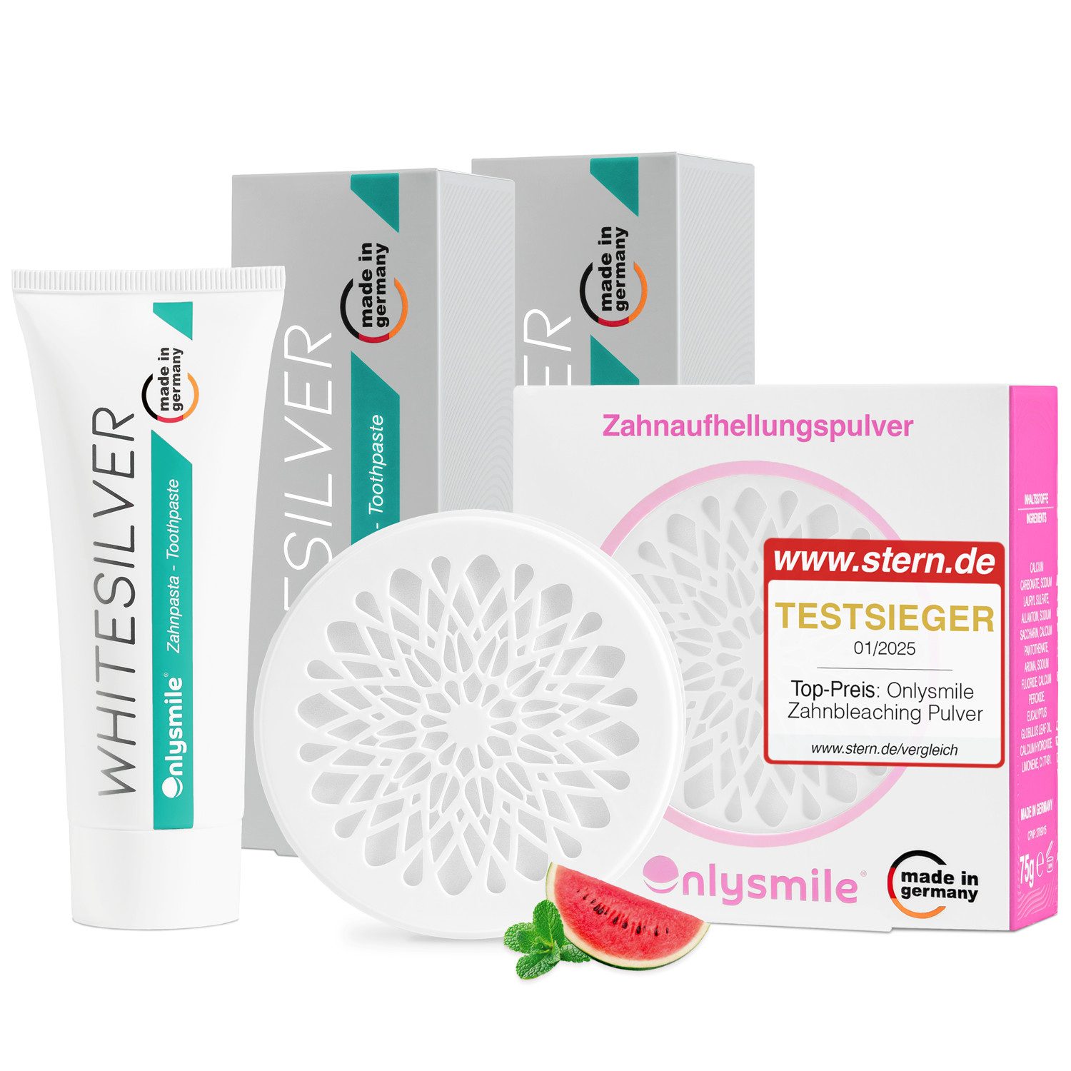 OnlySmile Zahnbleaching-Kit Coffee Lover Bundle – Zahnpulver & 2x WhiteSilver Zahnpasta, Enthält 1x Zahnpulver + 2x WhiteSilver Zahnpasta