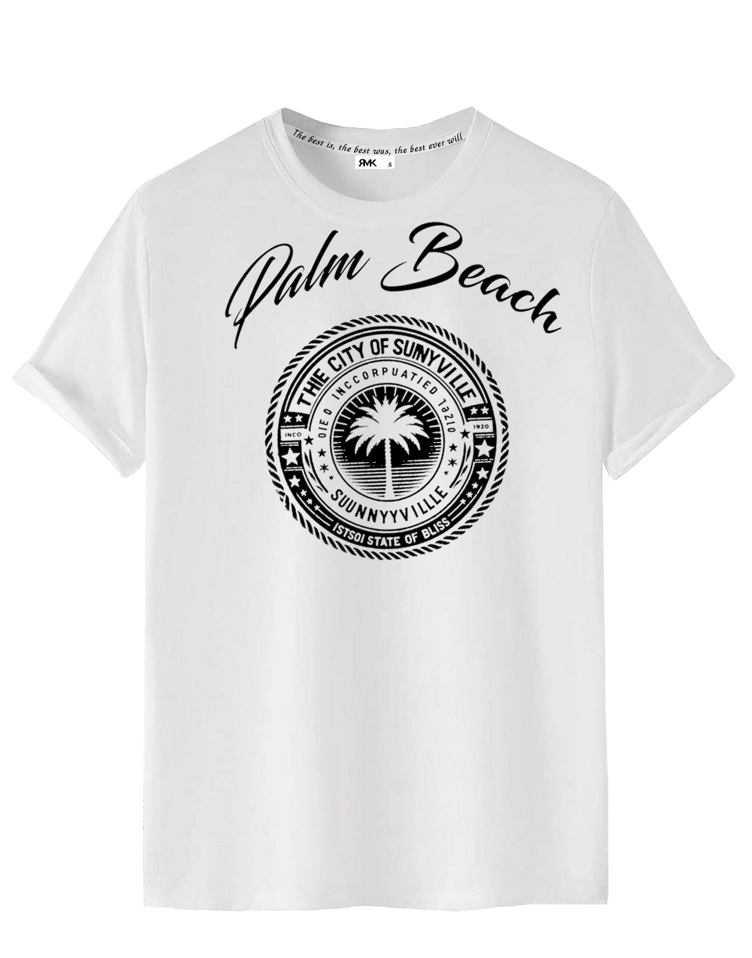 RMK T-Shirt Herren Shirt Basic Rundhals mit Bedruckung Palme Palm Beach aus Baumwolle – Bild 2 von 2
