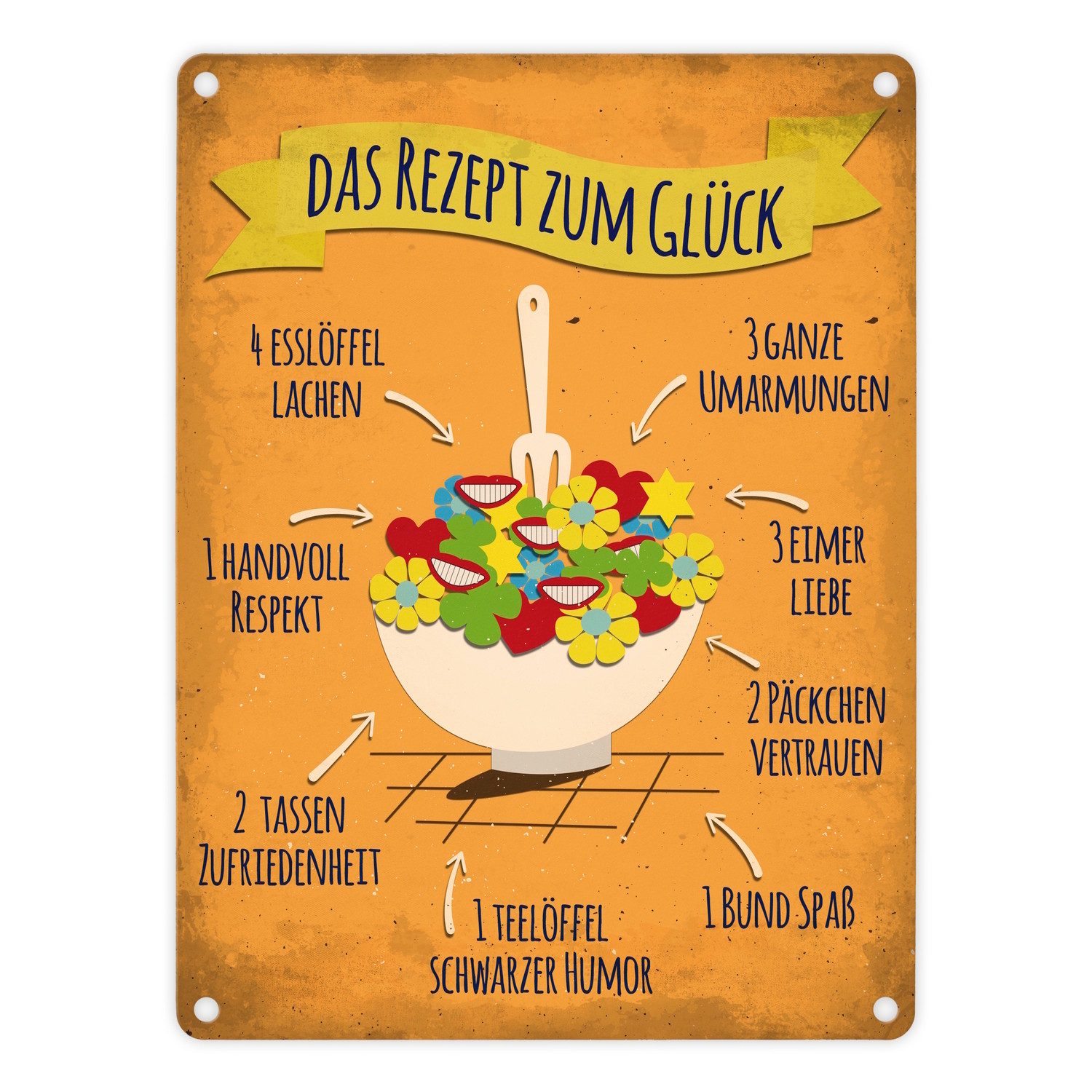 Metallschild Metallschild mit Rezept zum Glück Motiv Blechschild Schild Dekoration