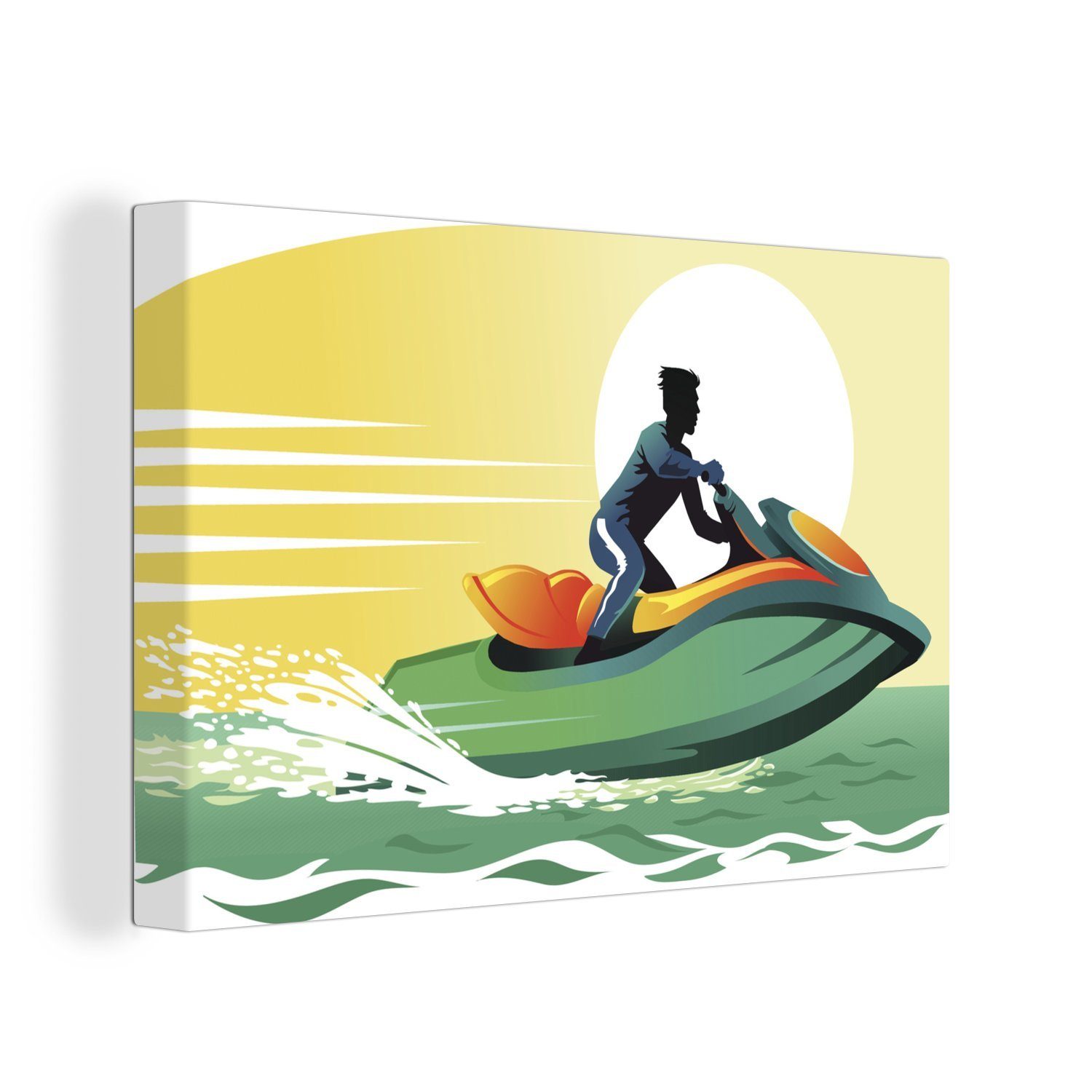 OneMillionCanvasses® Leinwandbild Illustration einer Person vor einem 30x20 cm Wandbild Sonne, Wanddeko, auf St), Leinwandbilder, der Jetski (1 Aufhängefertig