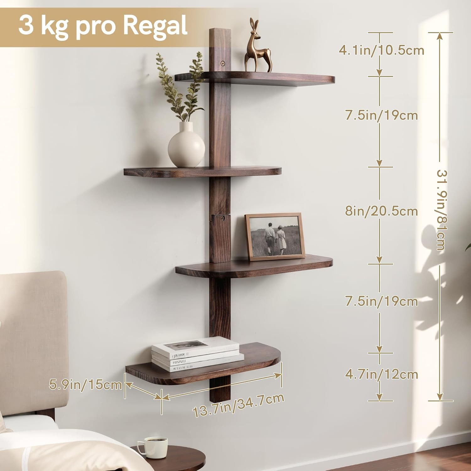 Holz Lichter Wandregal Wandregal Holz Vintage, 4 Ebenen – Vertikales Schweb günstig online kaufen